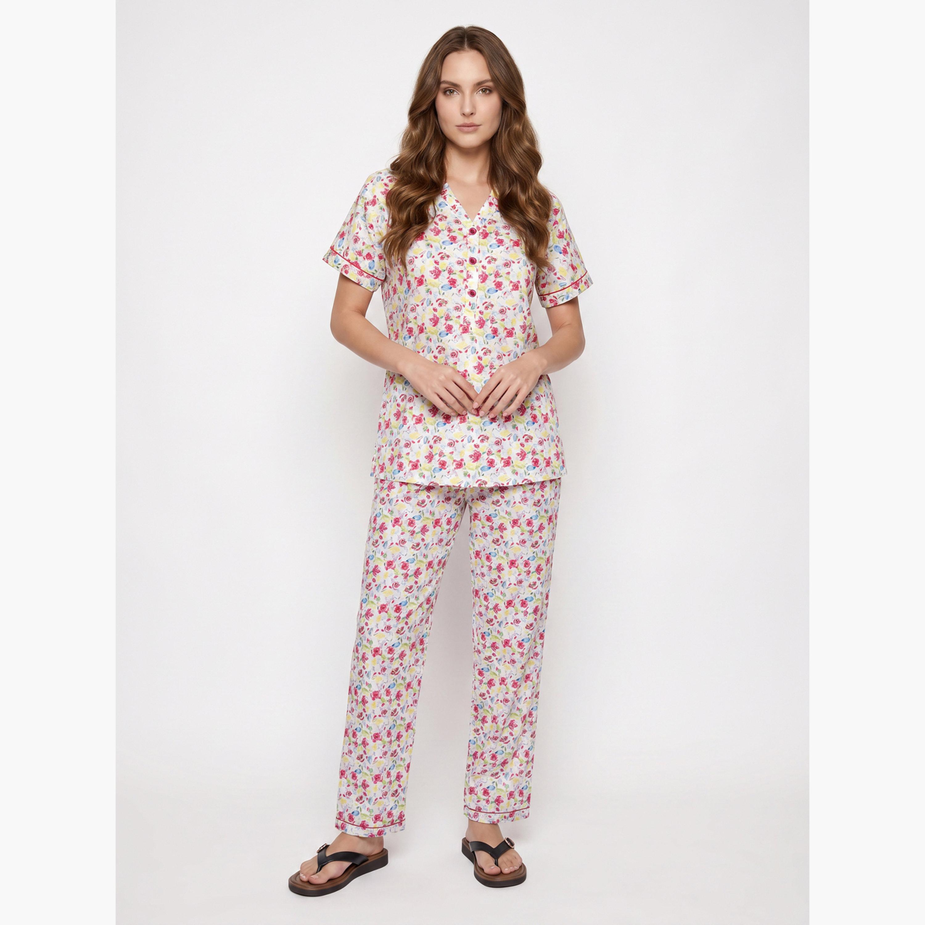 Mish X Styli White Floral Cotton Top and Pyjama Set-women-clothing-nightwear-pyjamas-longsets-image-1