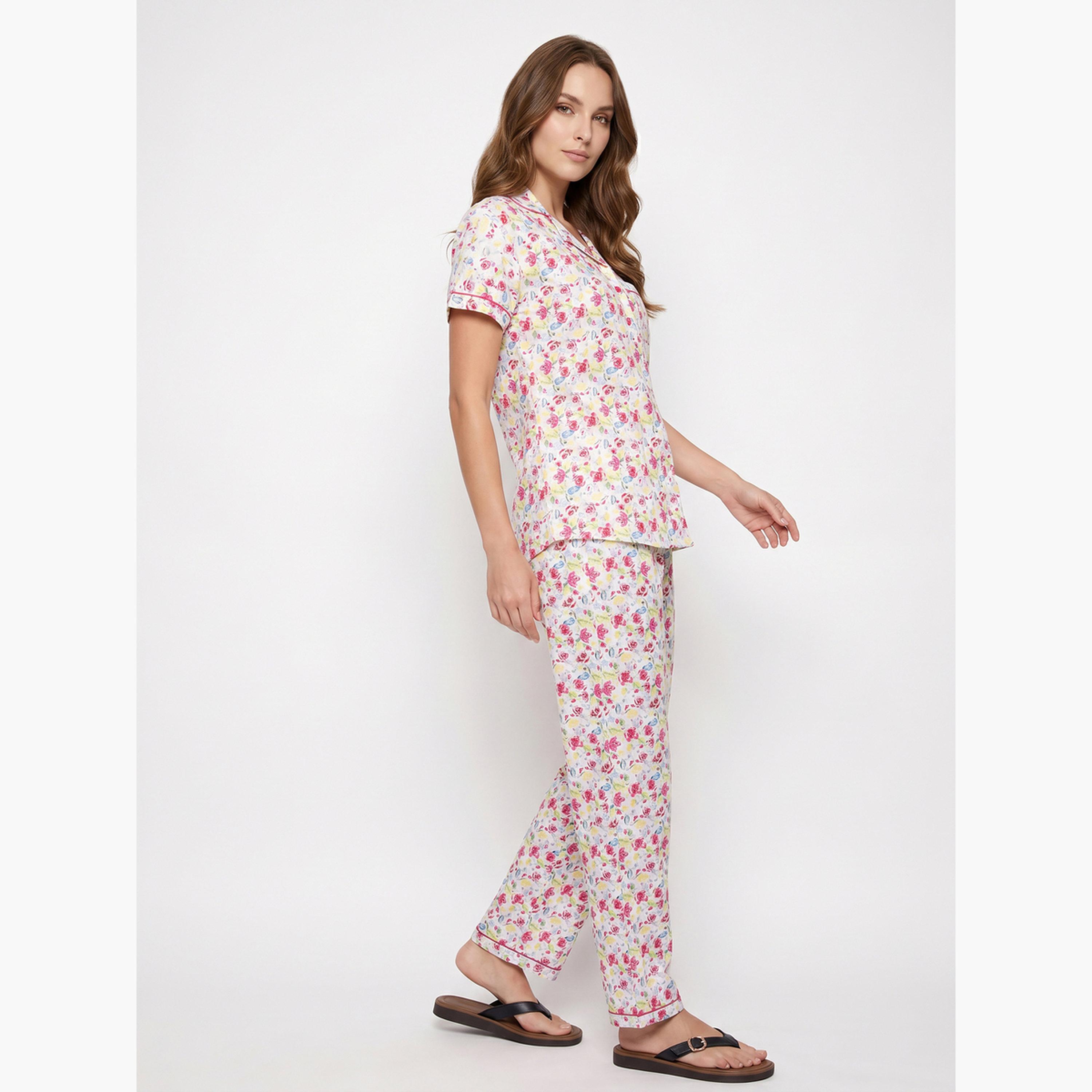 طقم بيجاما من بنطال وبلوزة قطن بطبعات زهور-women-clothing-nightwear-pyjamas-longsets-image-3