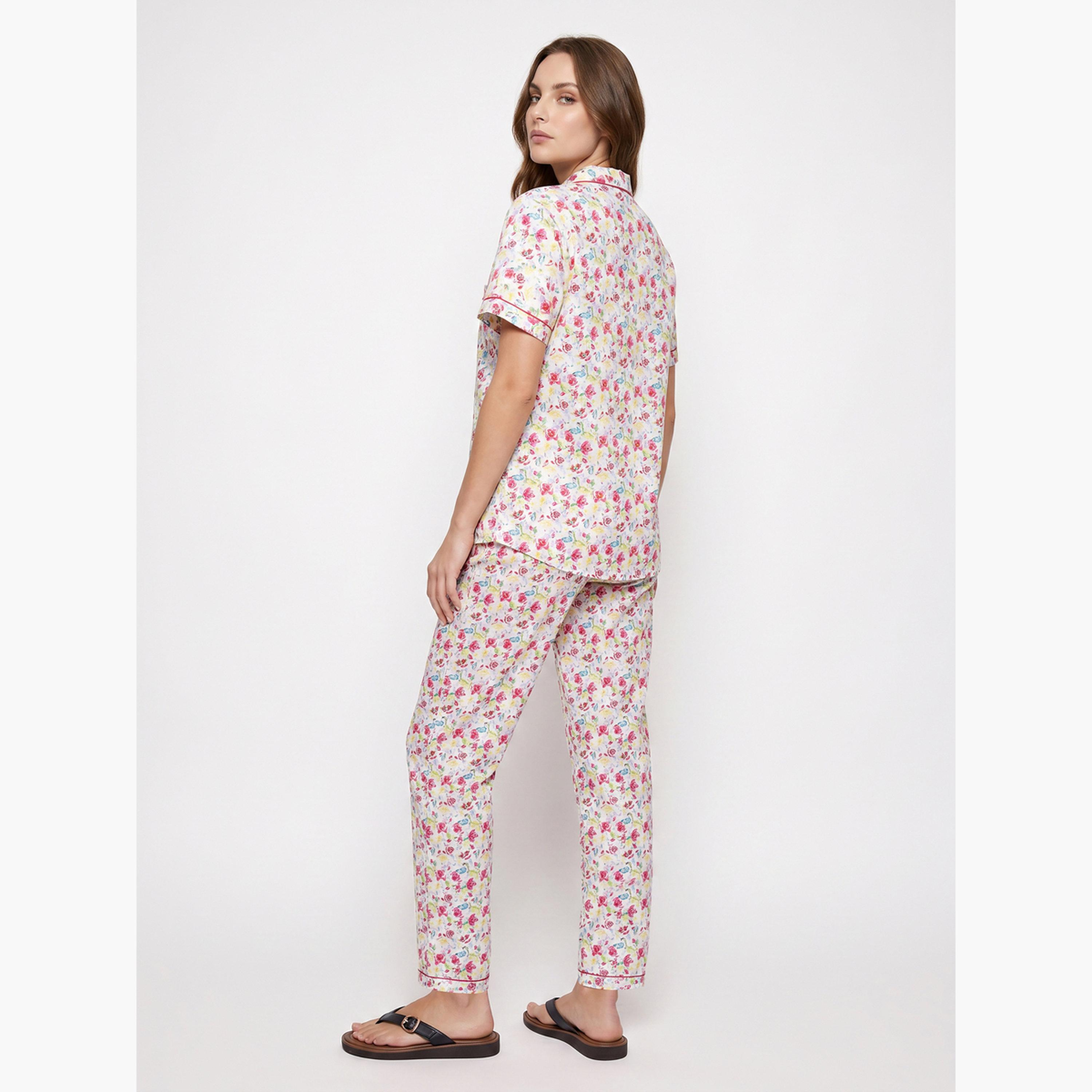 طقم بيجاما من بنطال وبلوزة قطن بطبعات زهور-women-clothing-nightwear-pyjamas-longsets-image-4