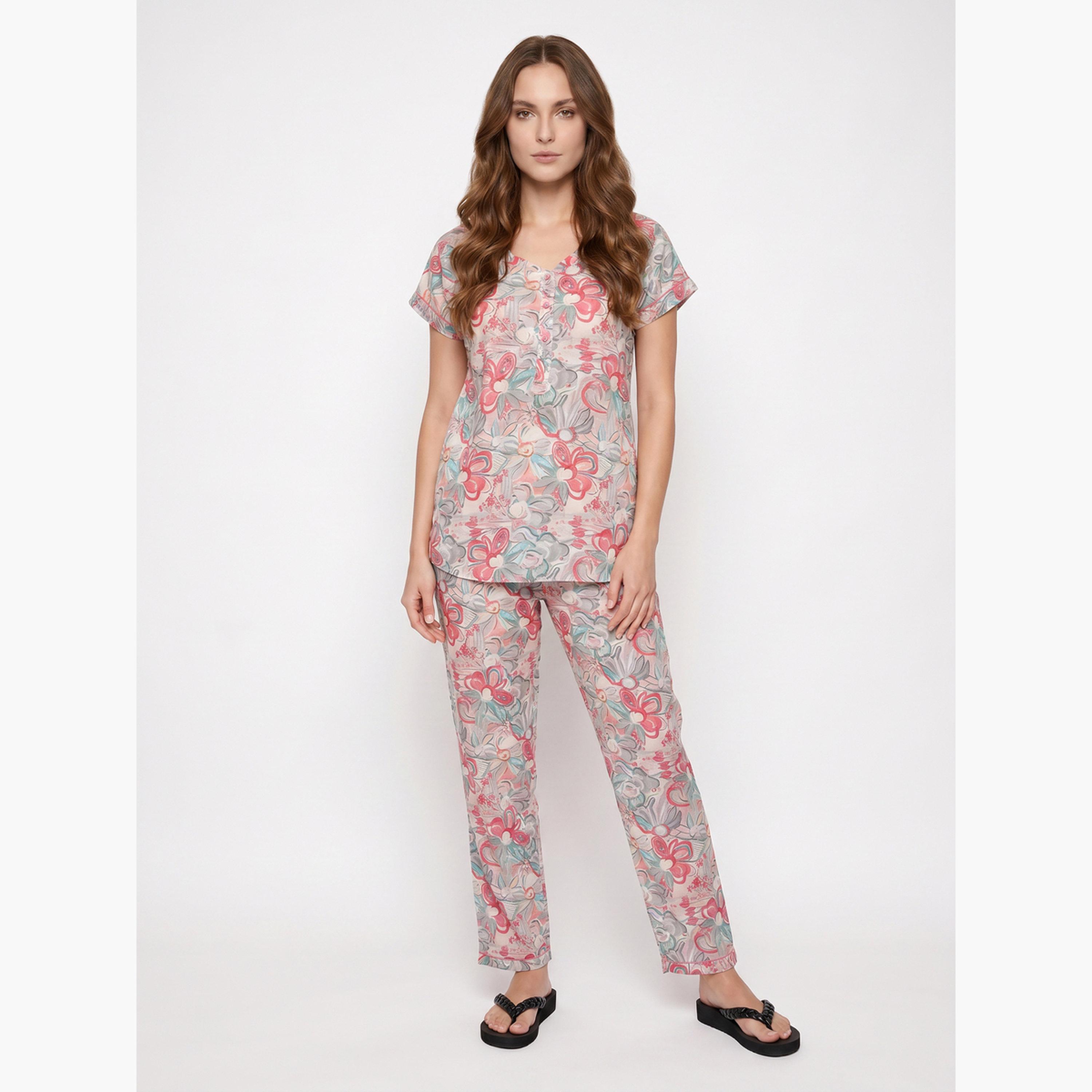 Mish X Styli Pink Floral Cotton Top and Pyjama Set-women-clothing-nightwear-pyjamas-longsets-image-1