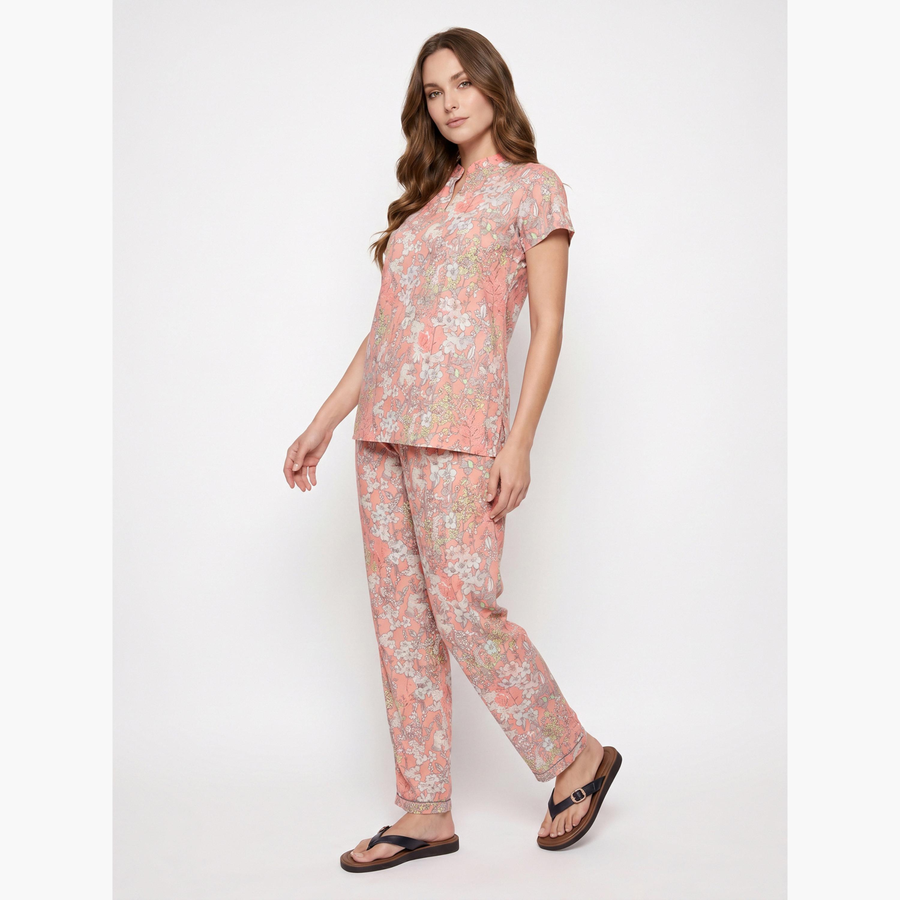 Mish X Styli Peach Floral Cotton Top and Pyjama Set-women-clothing-nightwear-pyjamas-longsets-image-1