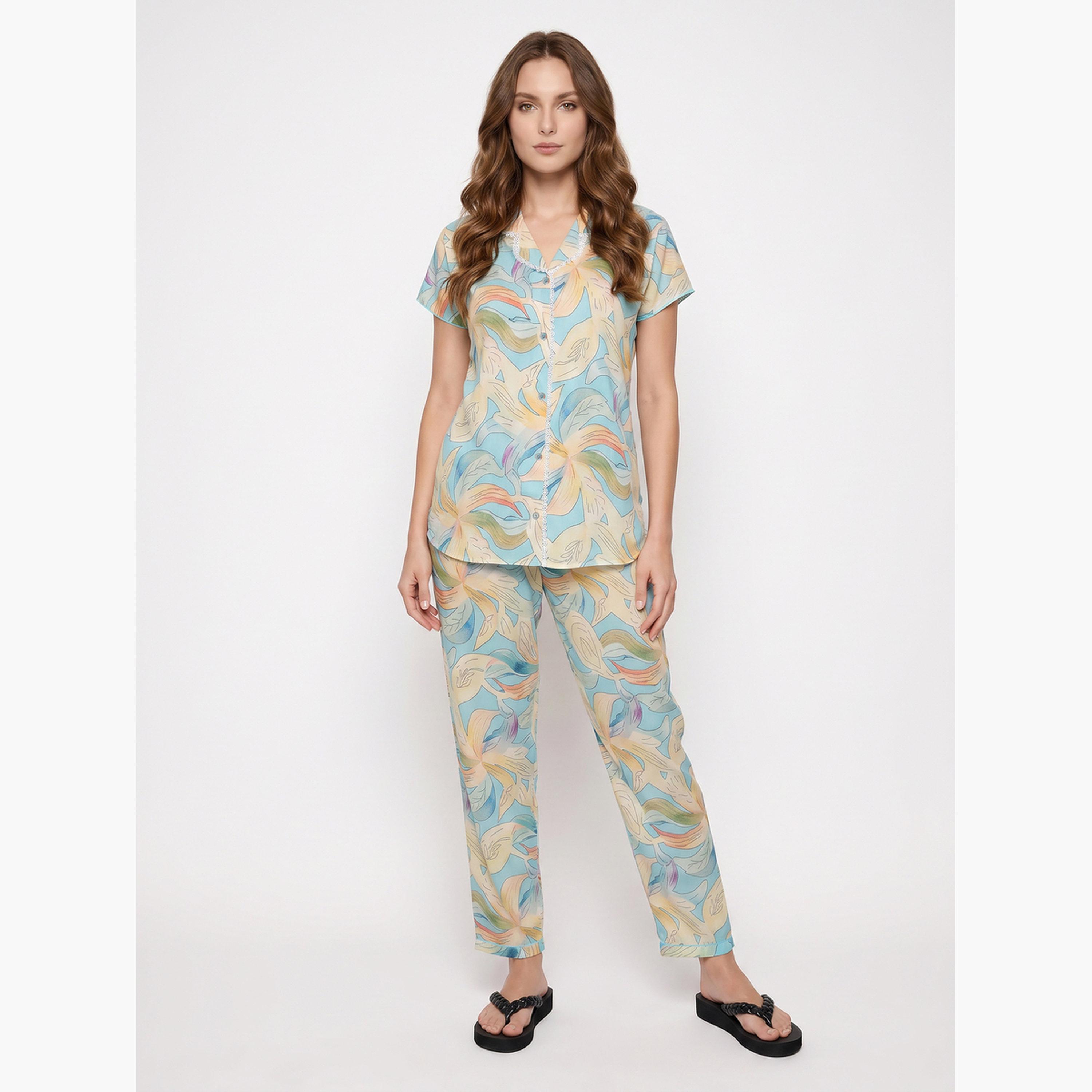 طقم بيجاما من بنطال وقميص بتفاصيل دانتيل وطبعات زهور-women-clothing-nightwear-pyjamas-longsets-image-1