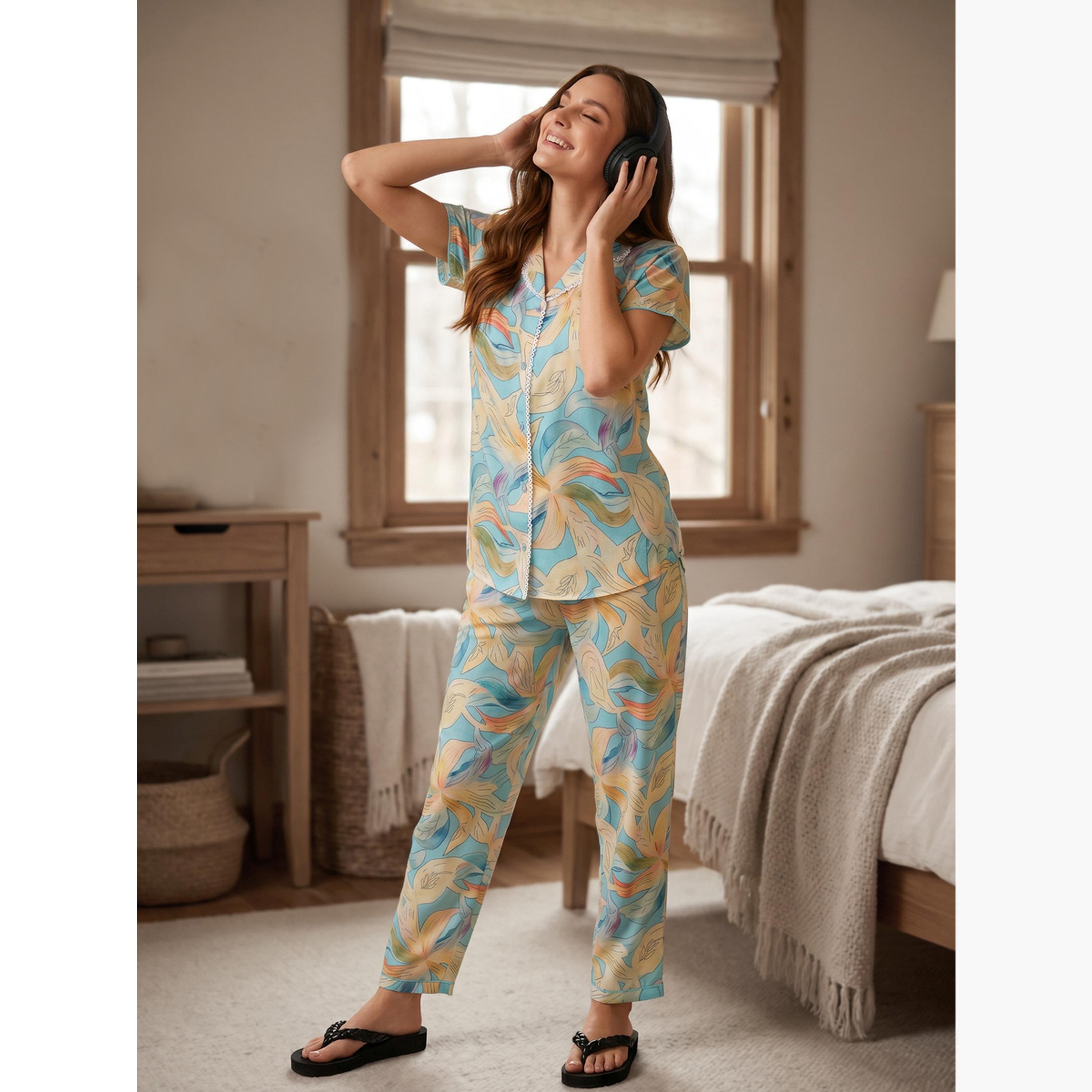 طقم بيجاما من بنطال وقميص بتفاصيل دانتيل وطبعات زهور-women-clothing-nightwear-pyjamas-longsets-image-2