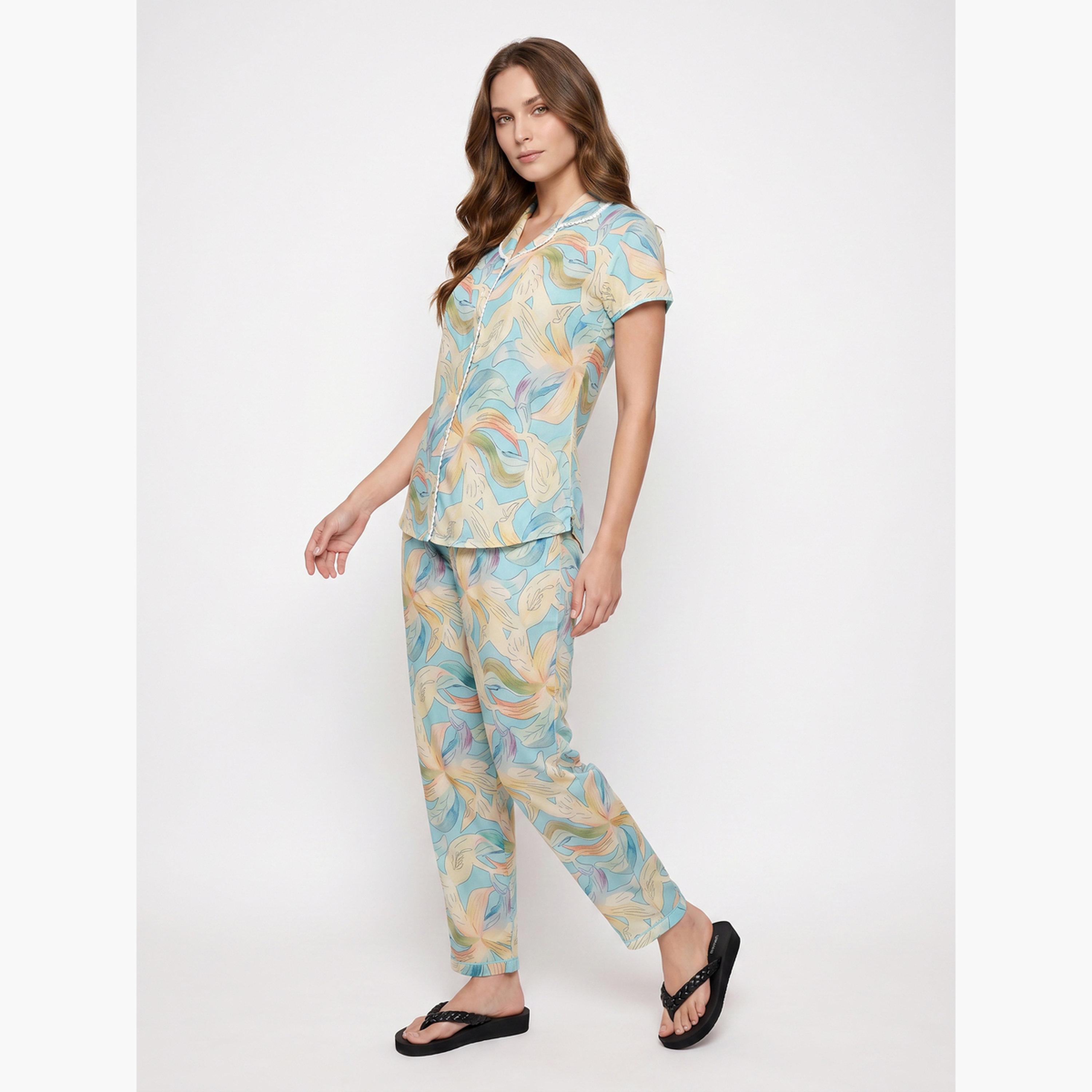 طقم بيجاما من بنطال وقميص بتفاصيل دانتيل وطبعات زهور-women-clothing-nightwear-pyjamas-longsets-image-3