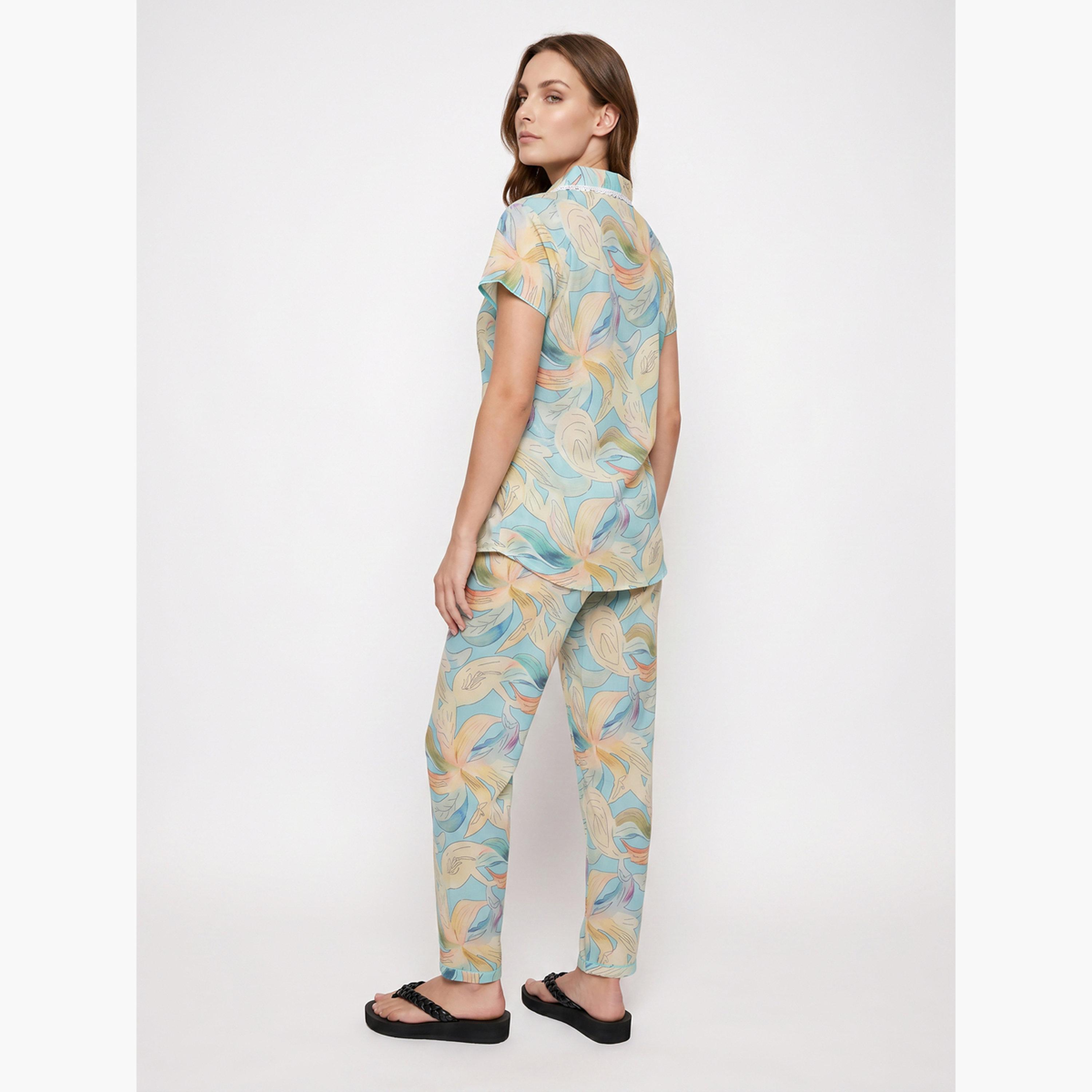 طقم بيجاما من بنطال وقميص بتفاصيل دانتيل وطبعات زهور-women-clothing-nightwear-pyjamas-longsets-image-4
