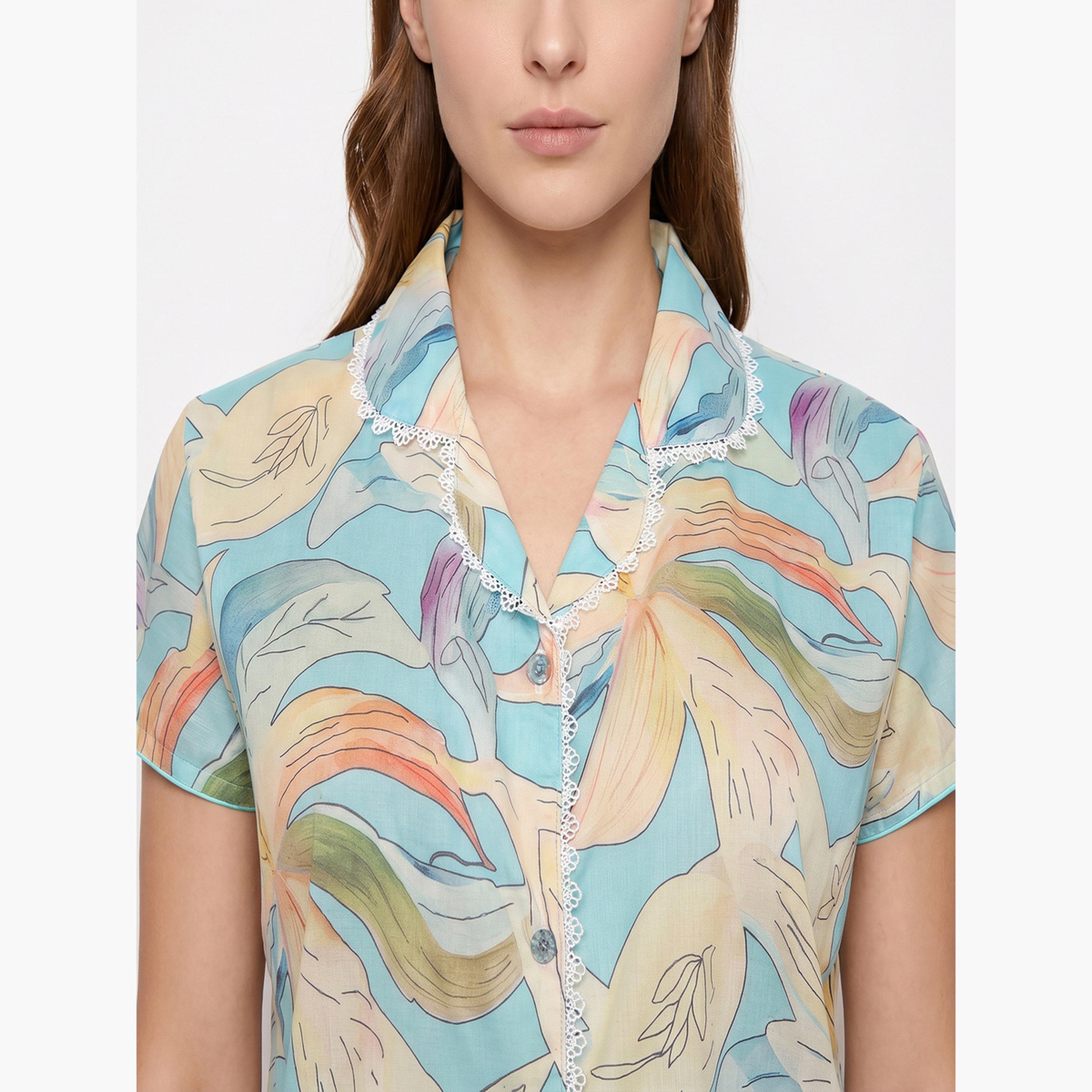 طقم بيجاما من بنطال وقميص بتفاصيل دانتيل وطبعات زهور-women-clothing-nightwear-pyjamas-longsets-image-5