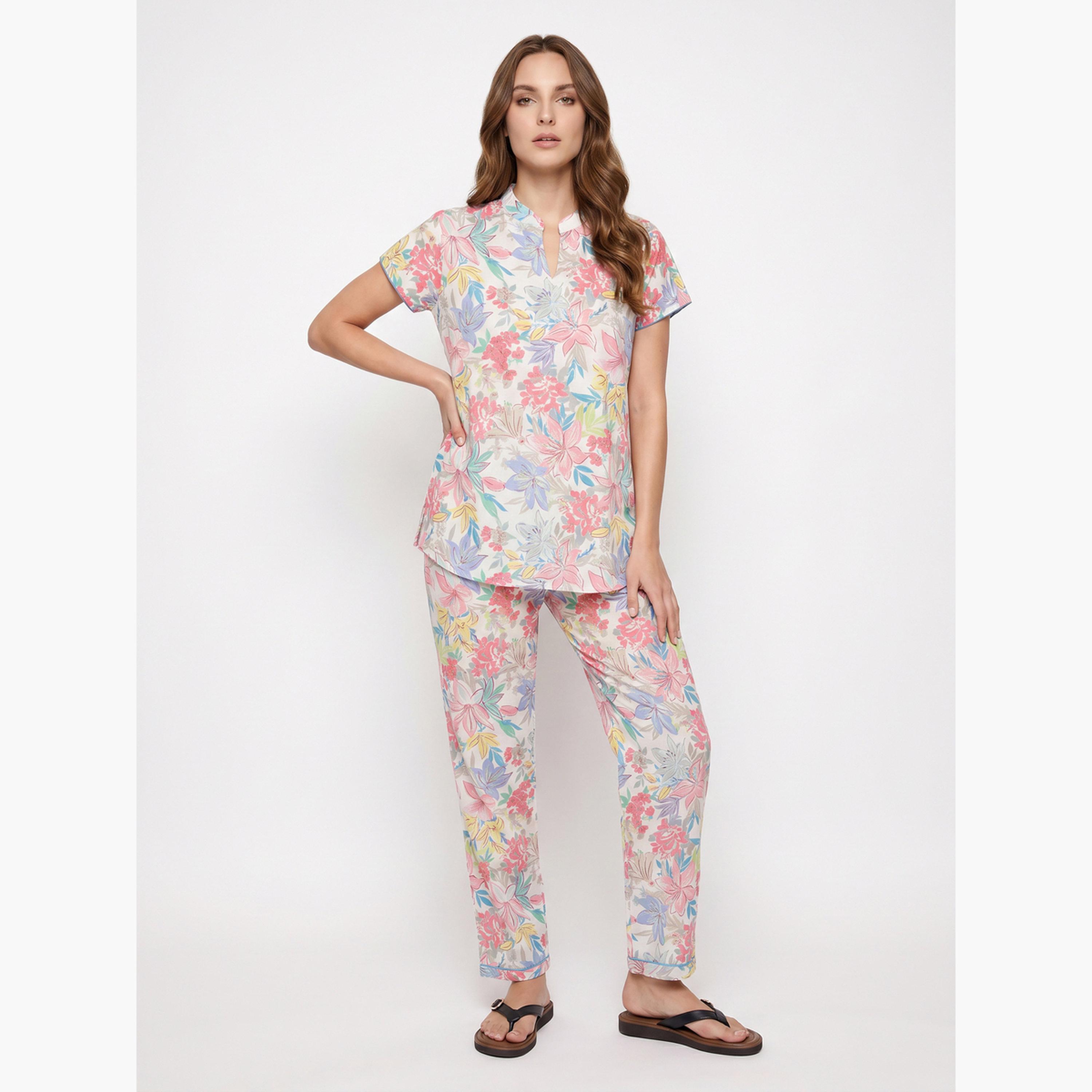 Mish X Styli White Pastel Floral Top and Pyjama Set-women-clothing-nightwear-pyjamas-longsets-image-1