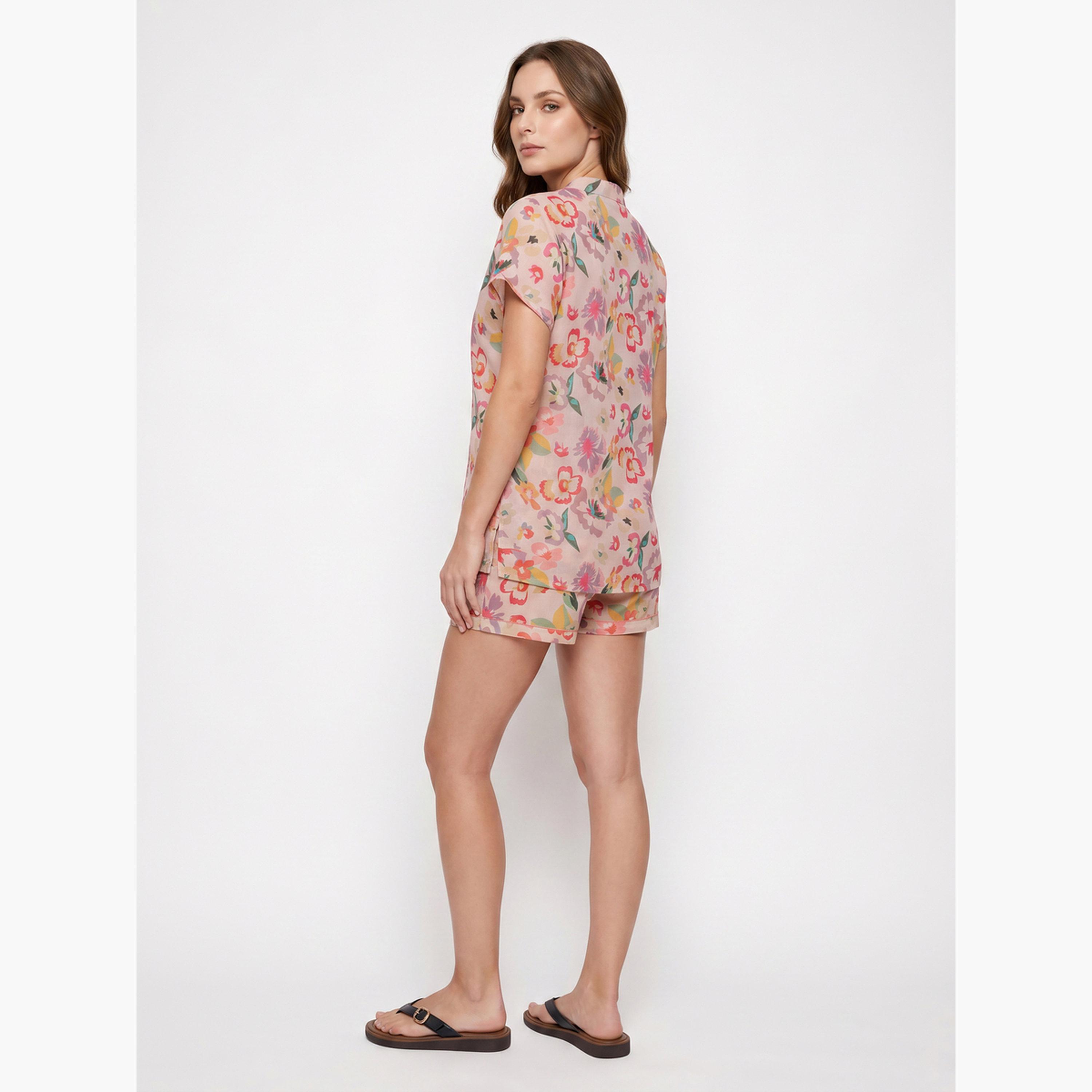 مجموعة من شورت وبلوزة قطن بطبعات زهور-women-clothing-nightwear-pyjamas-shortsets-image-4