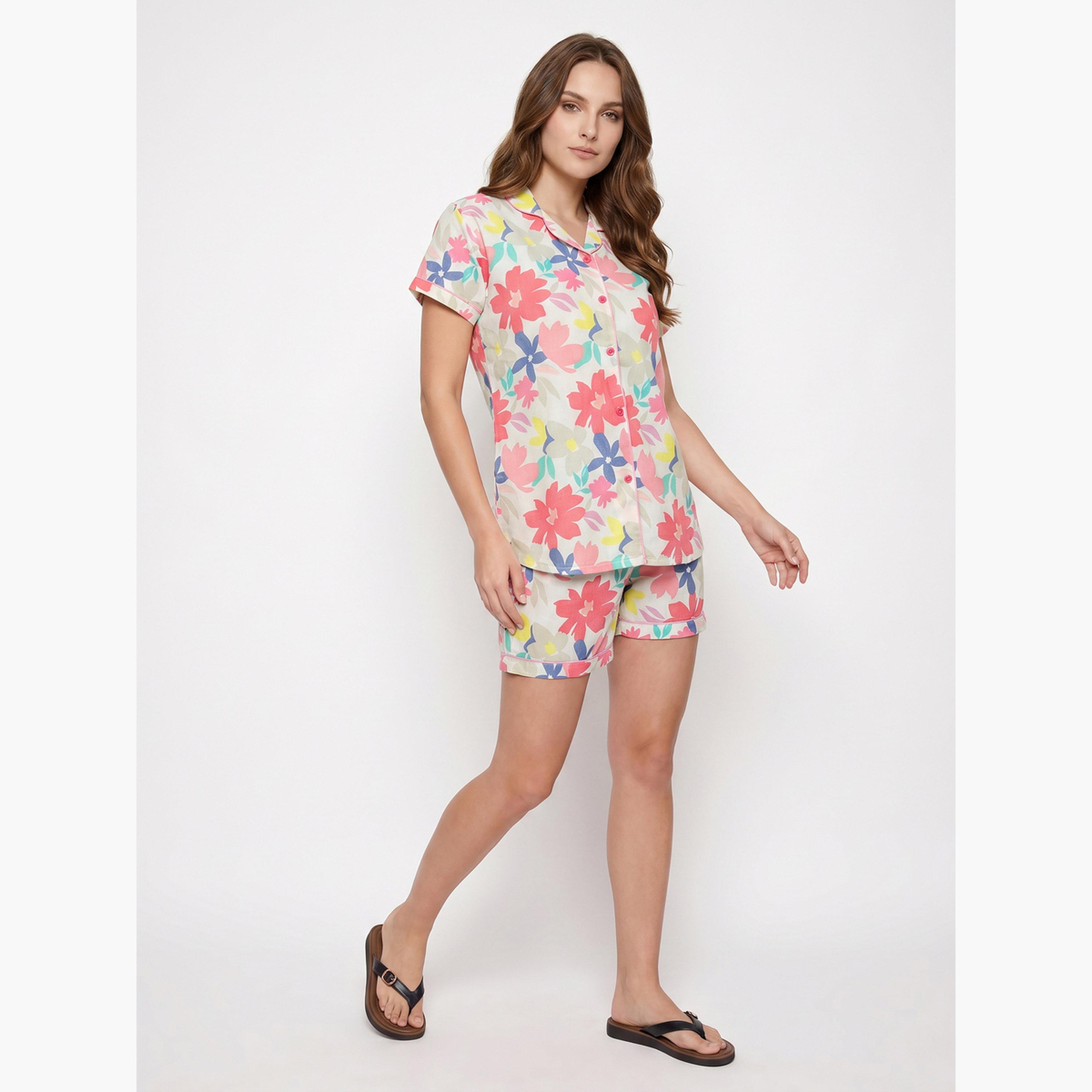 Mish X Styli White Floral Print Cotton Shirt and Shorts Set-women-clothing-nightwear-pyjamas-shortsets-image-3