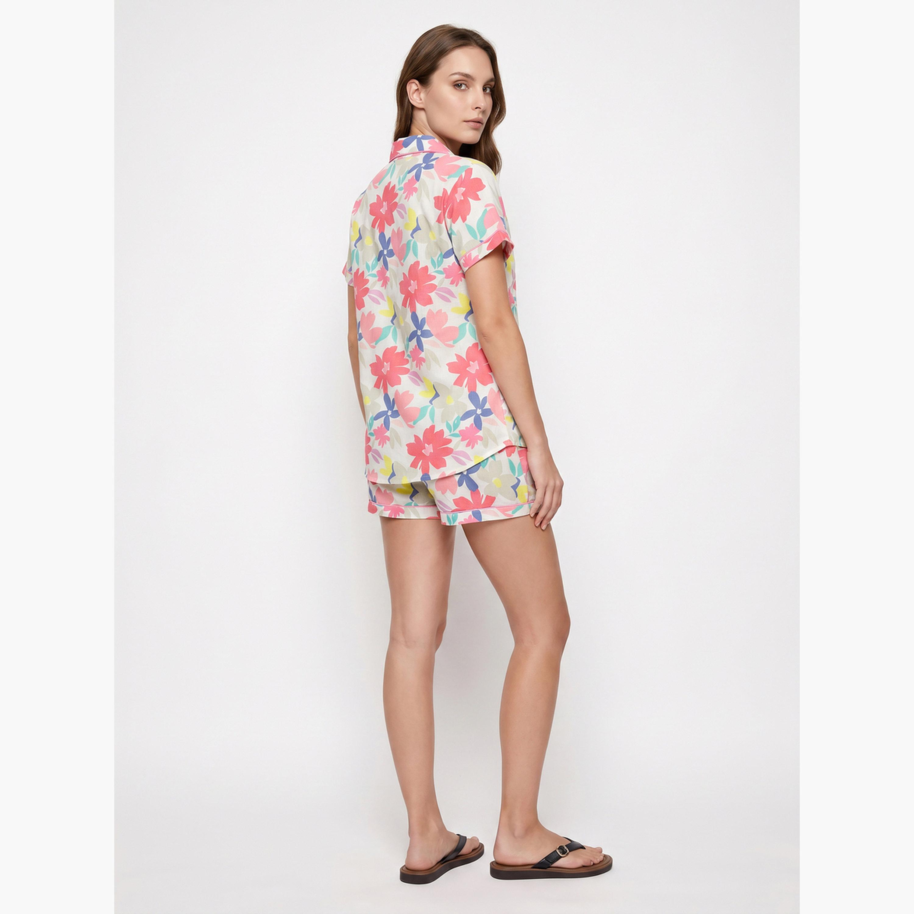 Mish X Styli White Floral Print Cotton Shirt and Shorts Set-women-clothing-nightwear-pyjamas-shortsets-image-4