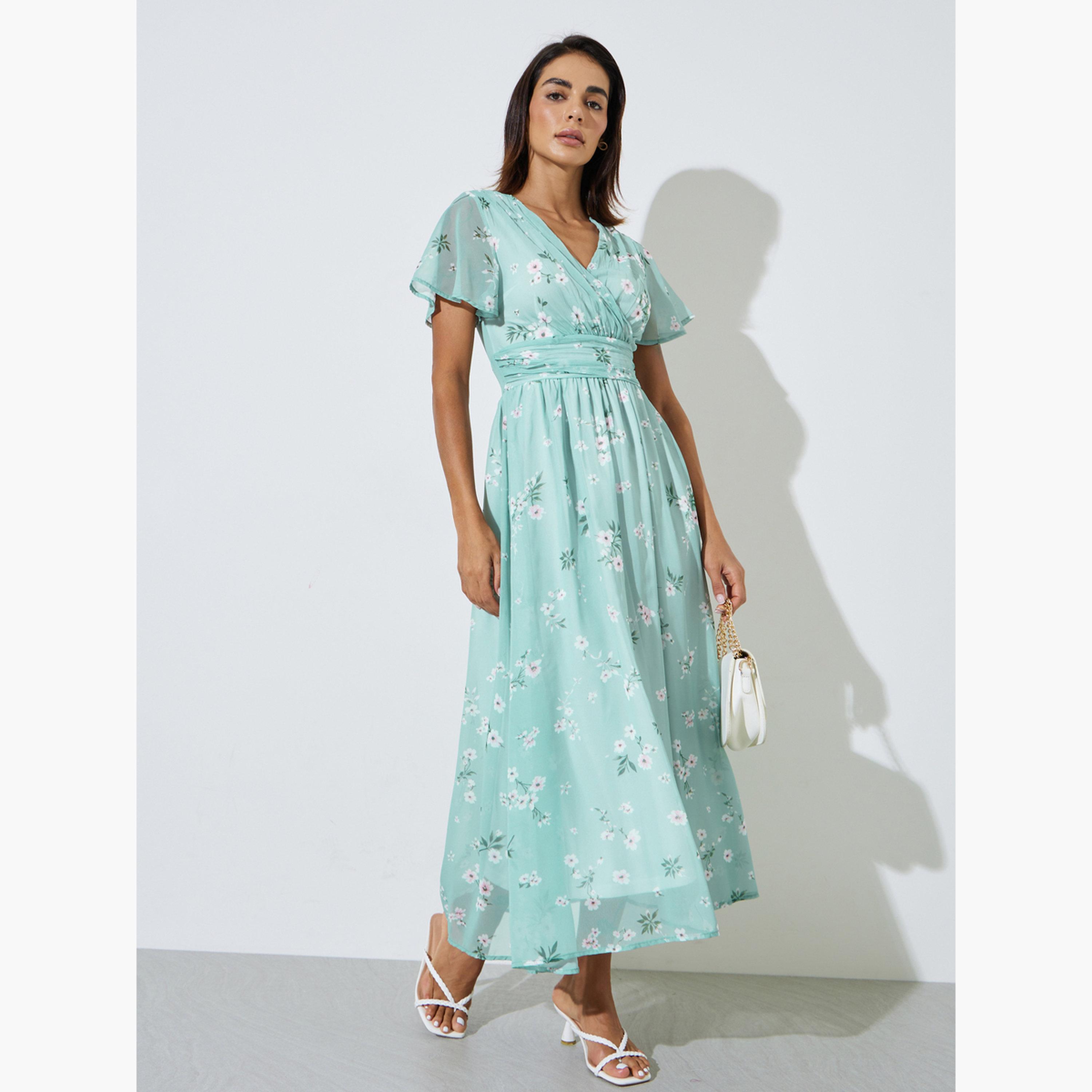 Styli Green Floral Print A-Line Maxi Dress with Short Sleeves-women-clothing-dresses-image-1