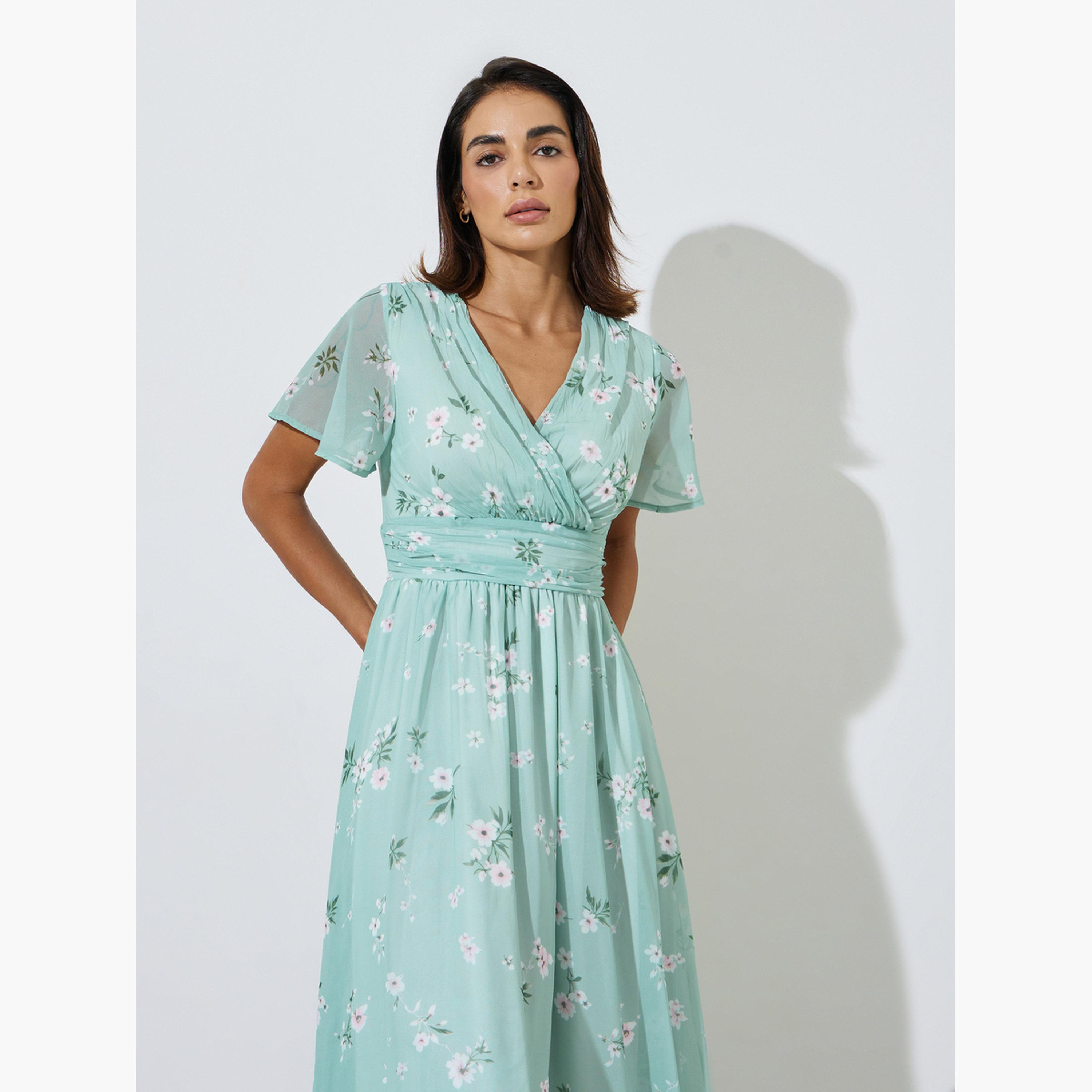Styli Green Floral Print A-Line Maxi Dress with Short Sleeves-women-clothing-dresses-image-2
