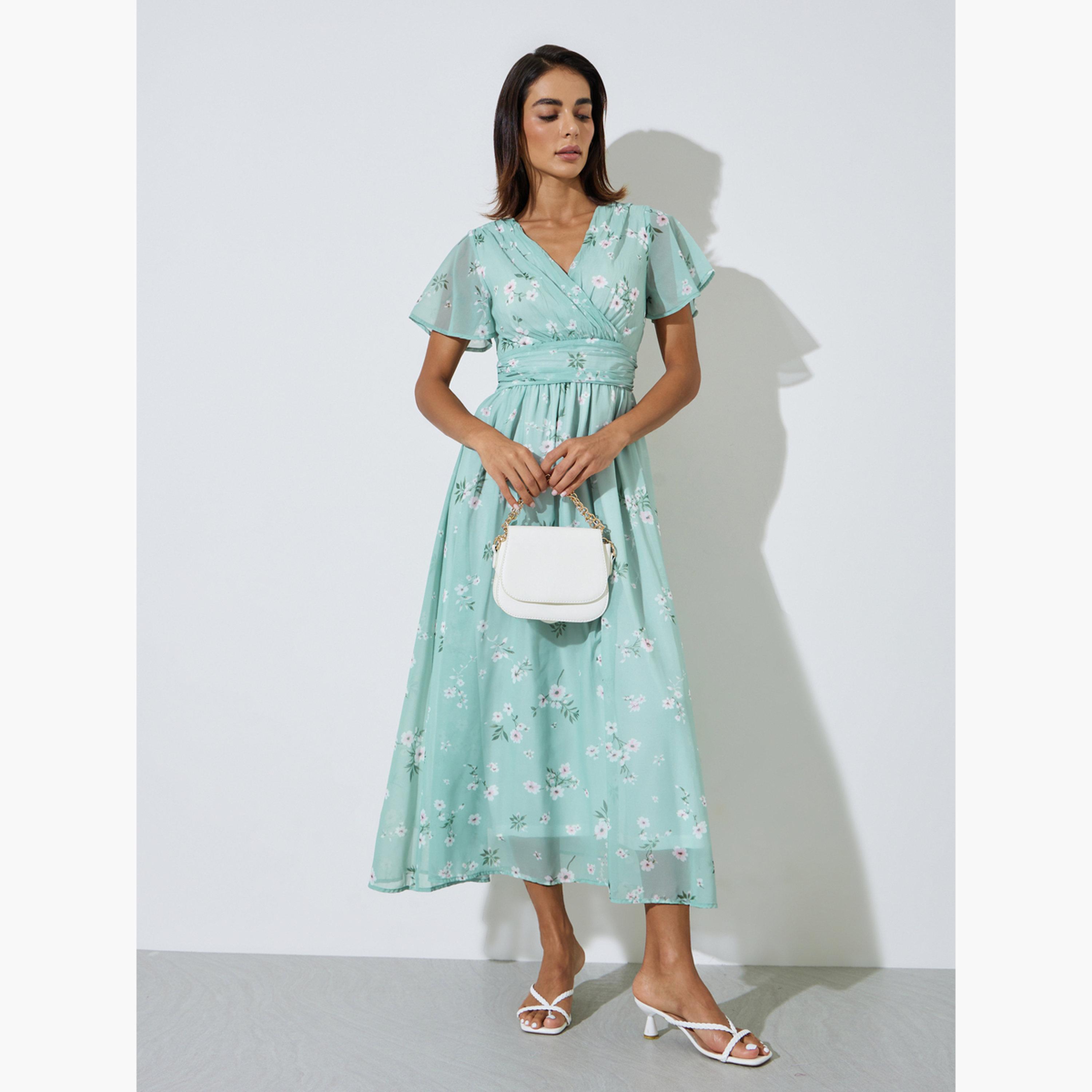 Styli Green Floral Print A-Line Maxi Dress with Short Sleeves-women-clothing-dresses-image-3