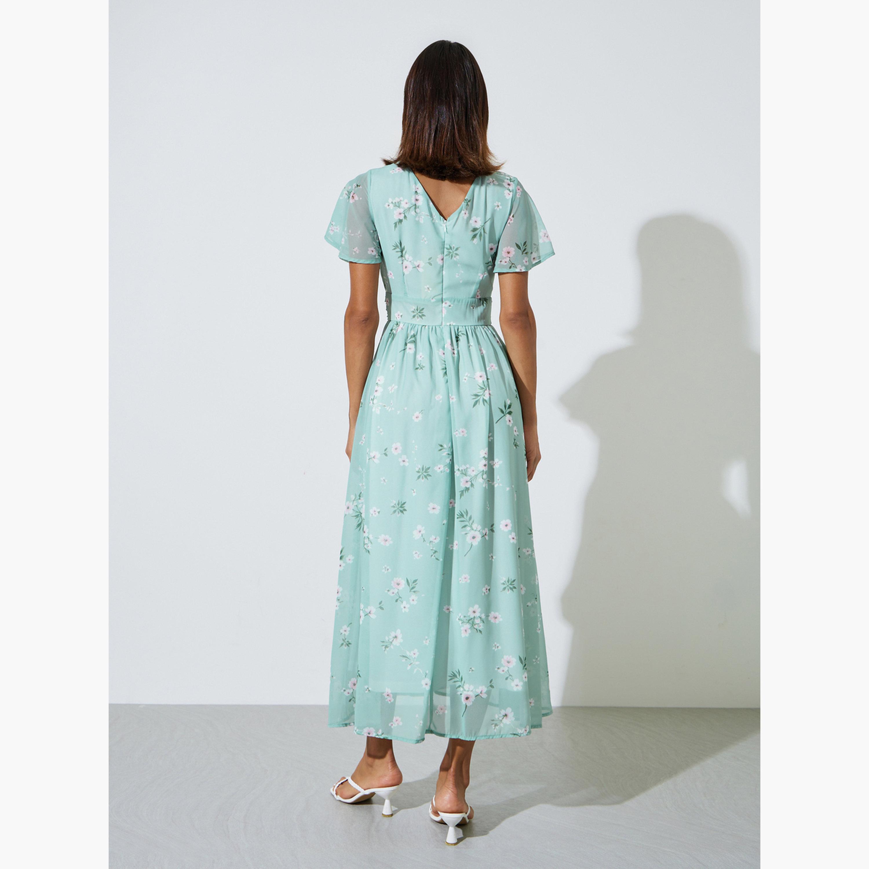 Styli Green Floral Print A-Line Maxi Dress with Short Sleeves-women-clothing-dresses-image-4