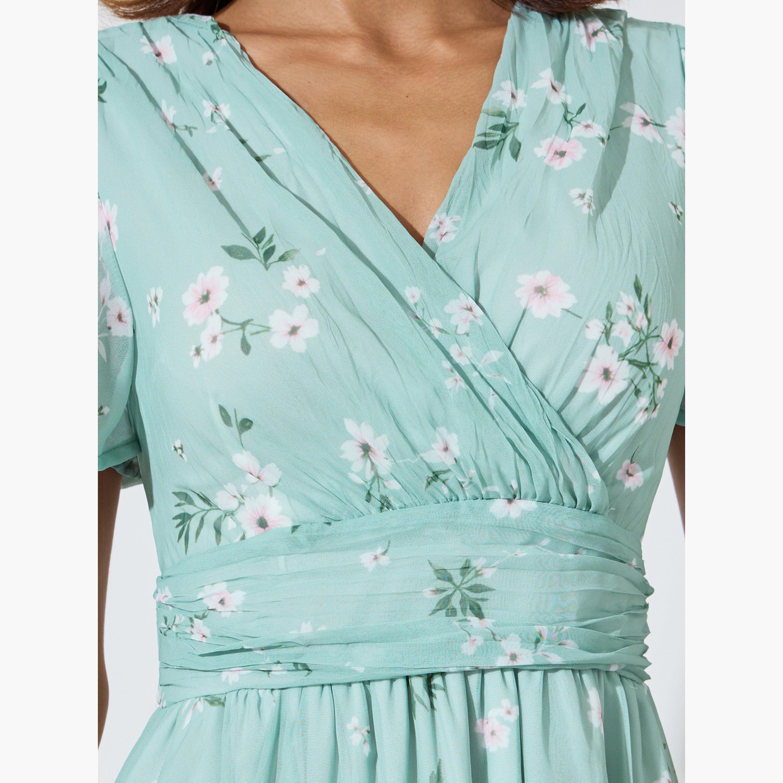 Styli Green Floral Print A-Line Maxi Dress with Short Sleeves-women-clothing-dresses-image-5