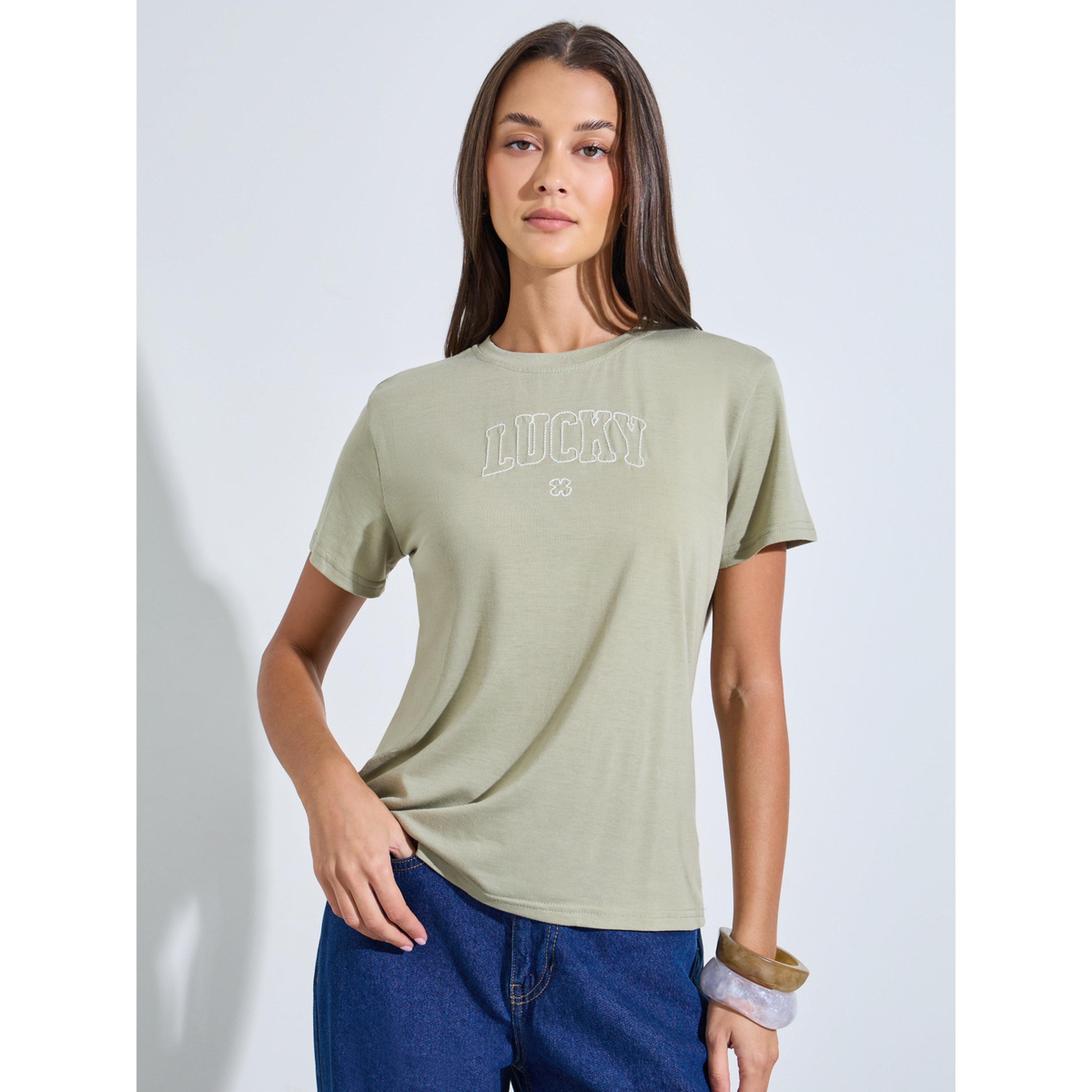 Styli Green Embroidered Short Sleeves Regular Fit T-Shirt-women-clothing-tshirts-image-1