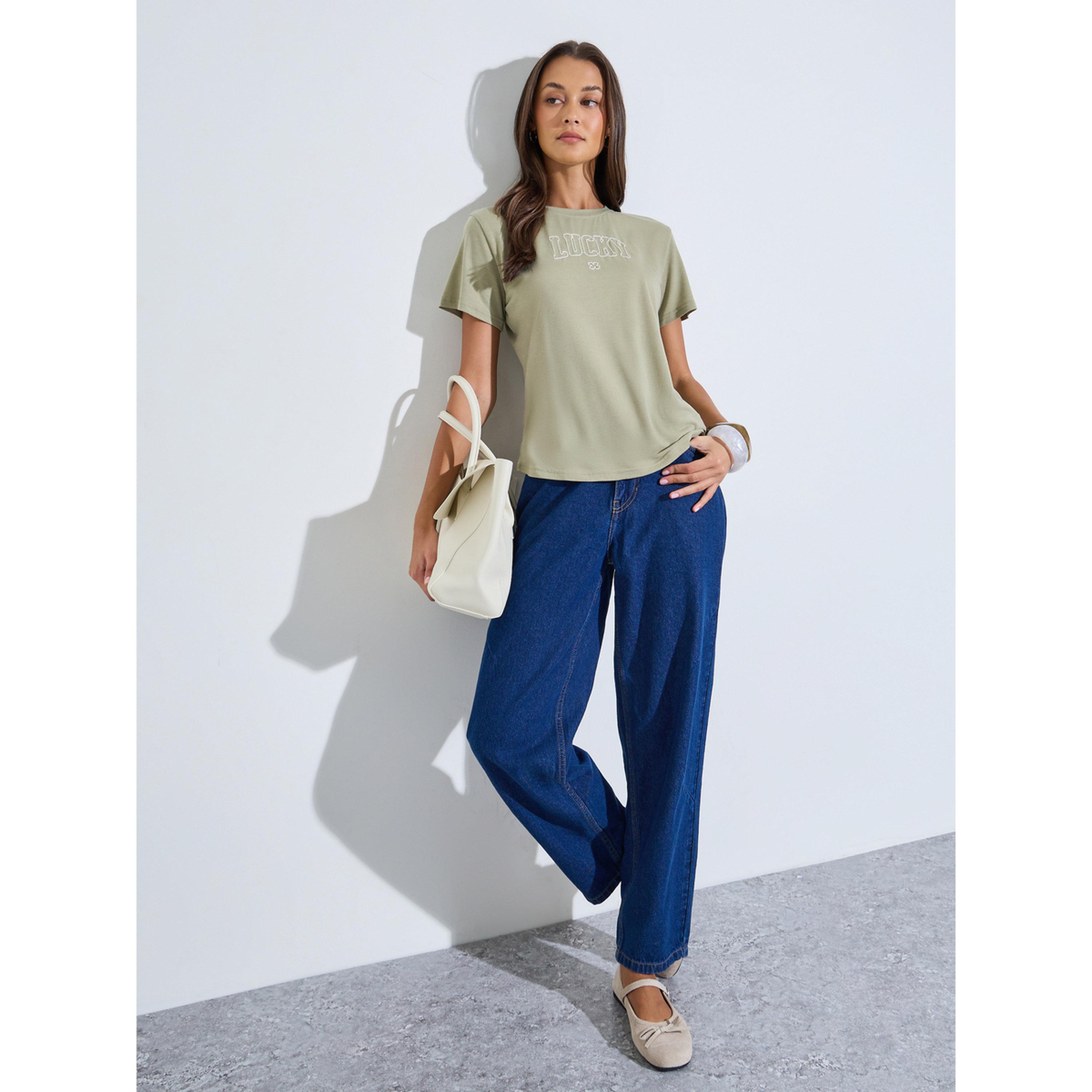 Styli Green Embroidered Short Sleeves Regular Fit T-Shirt-women-clothing-tshirts-image-2