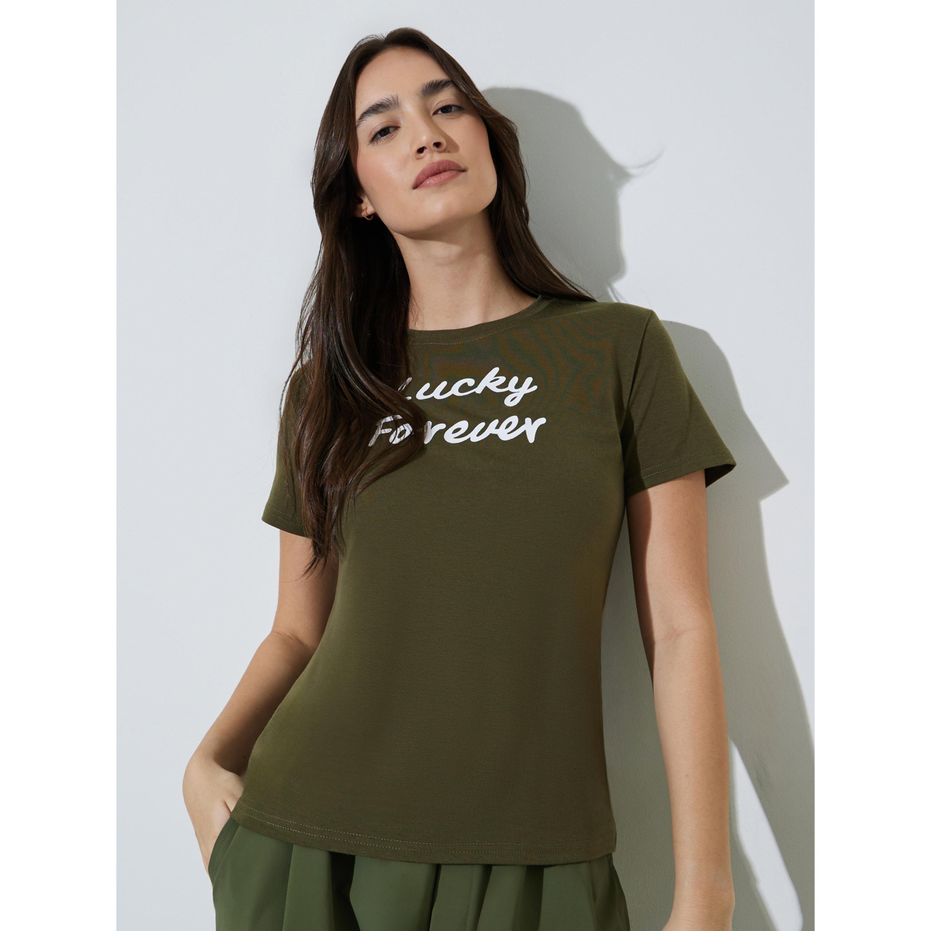Styli Olive Slogan Print Regular Fit T-shirt-women-clothing-tshirts-image-1