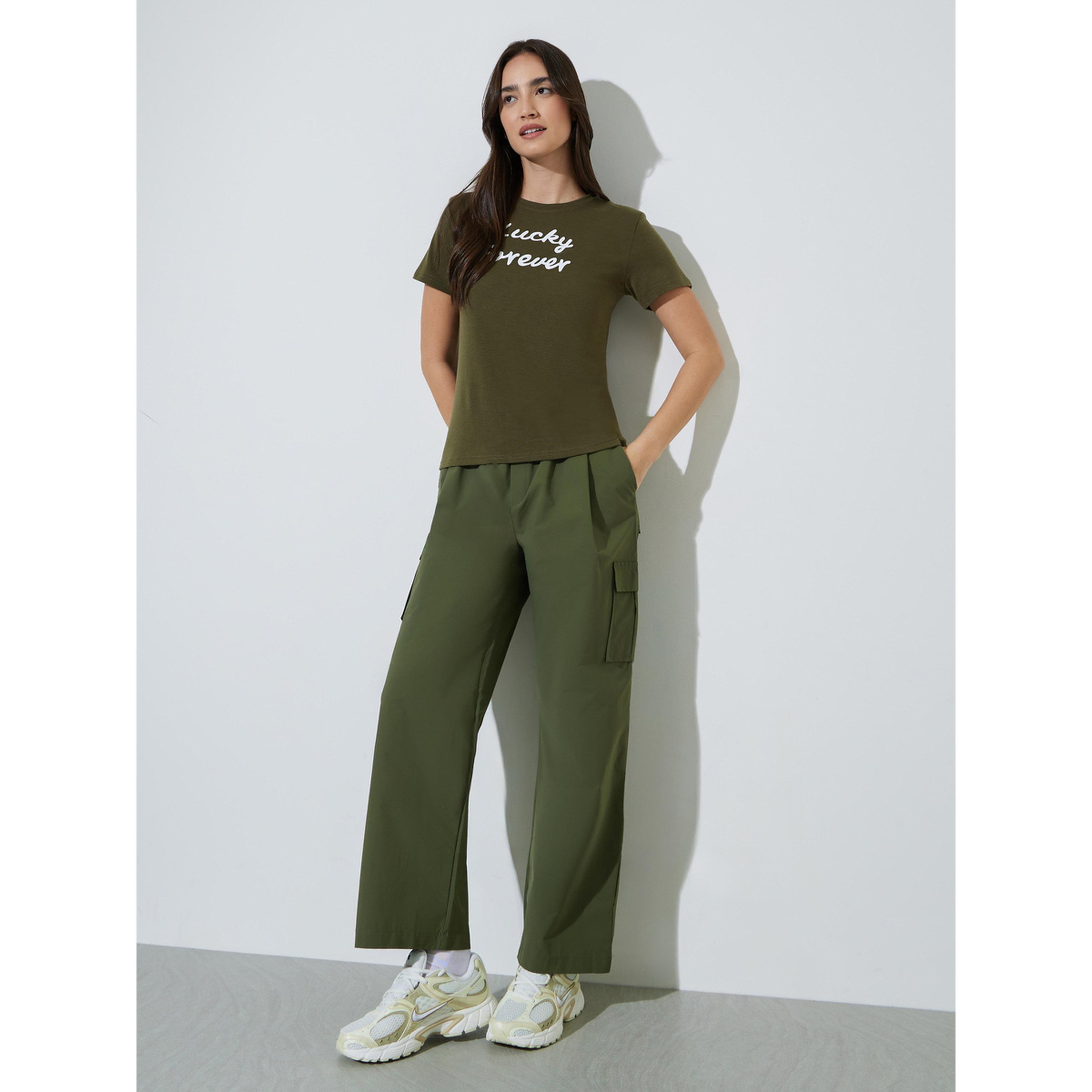 Styli Olive Slogan Print Regular Fit T-shirt-women-clothing-tshirts-image-2