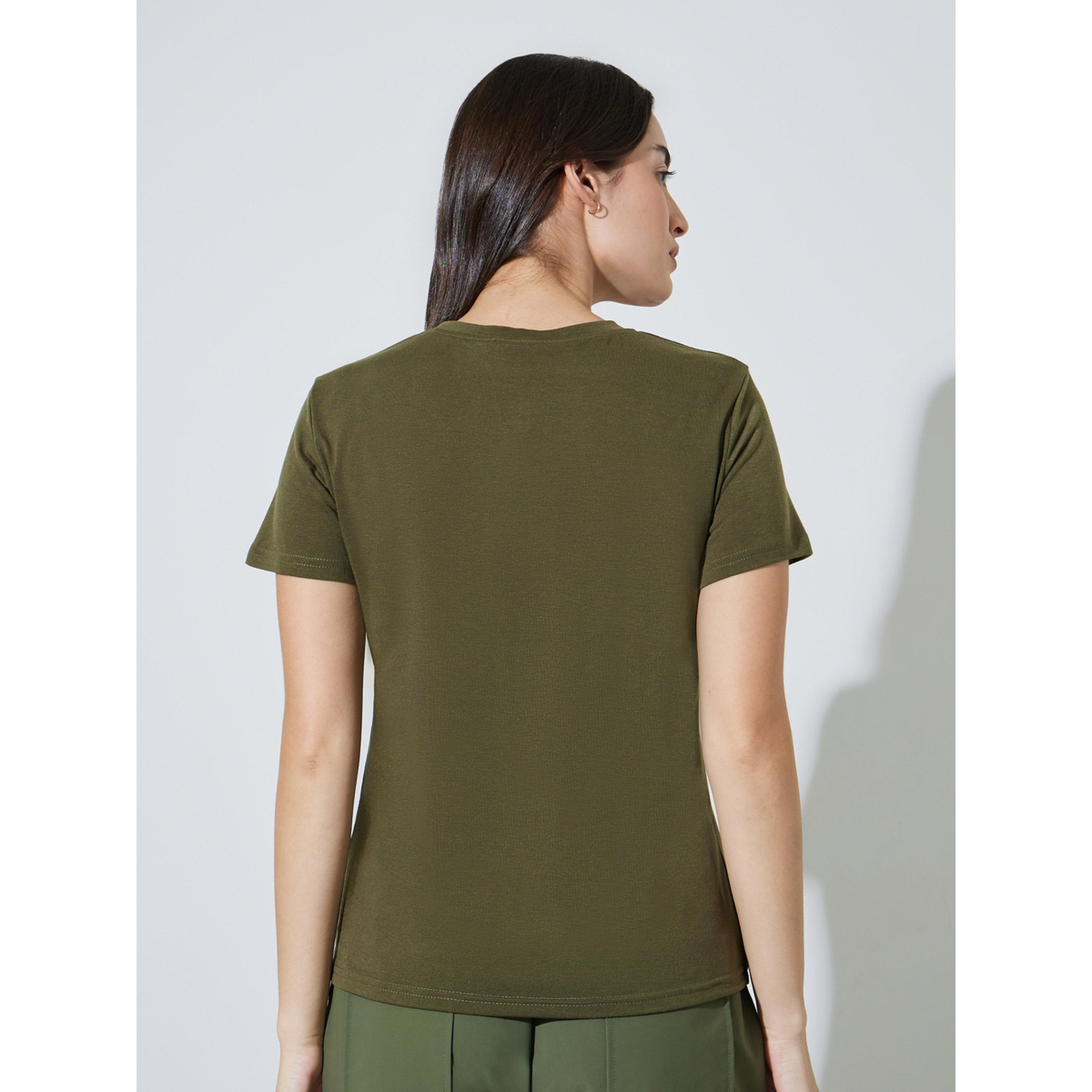 Styli Olive Slogan Print Regular Fit T-shirt-women-clothing-tshirts-image-3