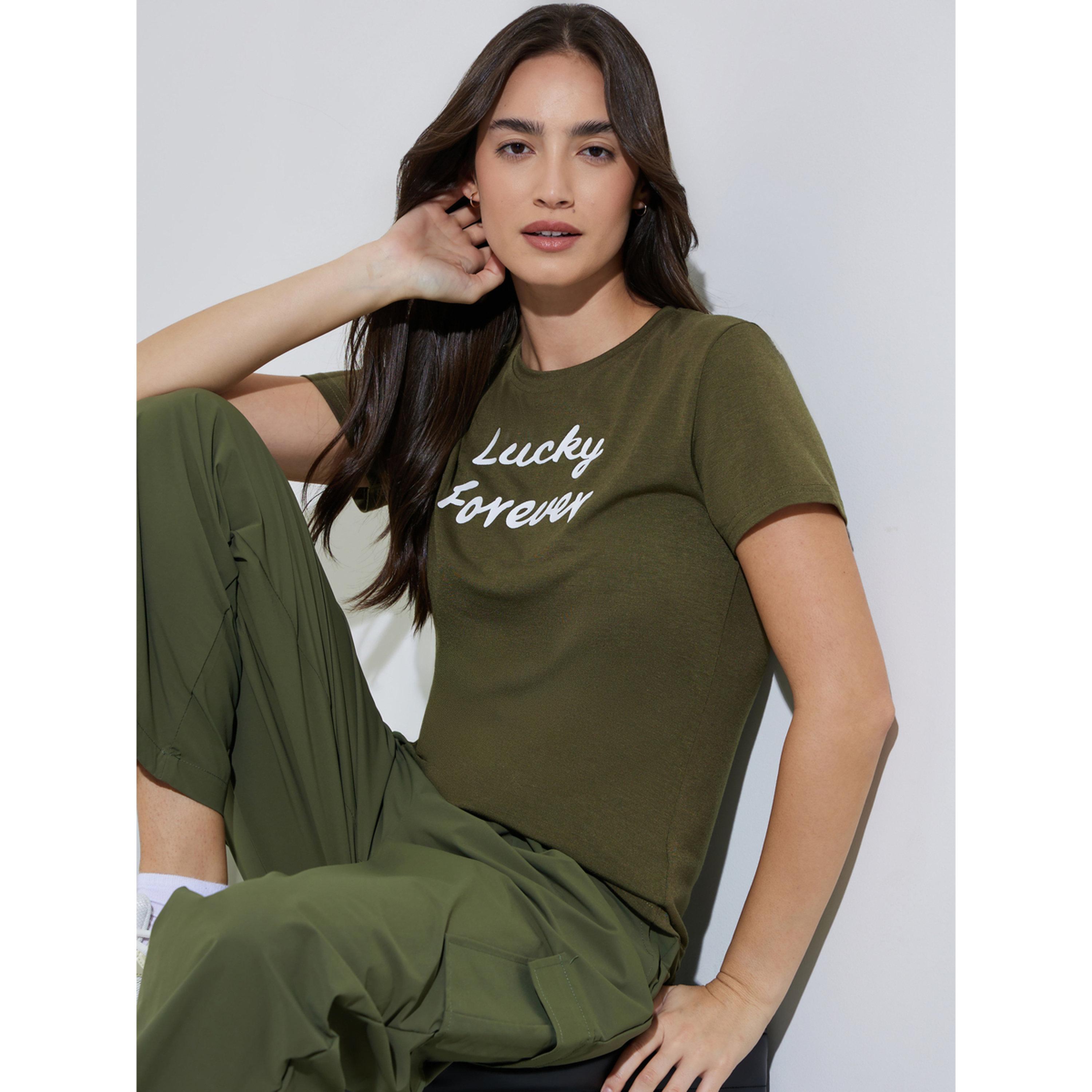 Styli Olive Slogan Print Regular Fit T-shirt-women-clothing-tshirts-image-4