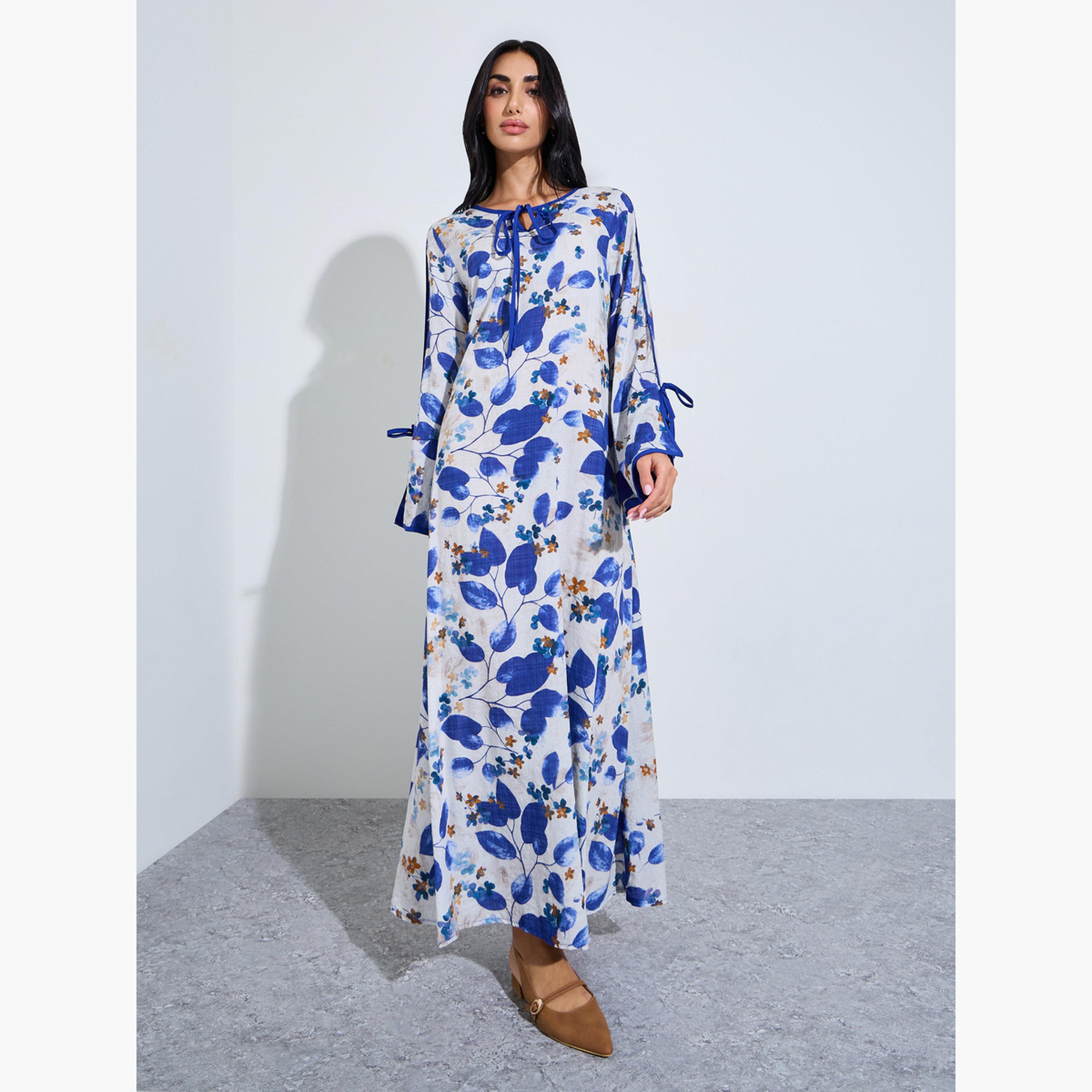Styli Blue Leaf Print Jalabiya with Tie-Up Neck-women-arabicclothing-jalabiyas-image-1