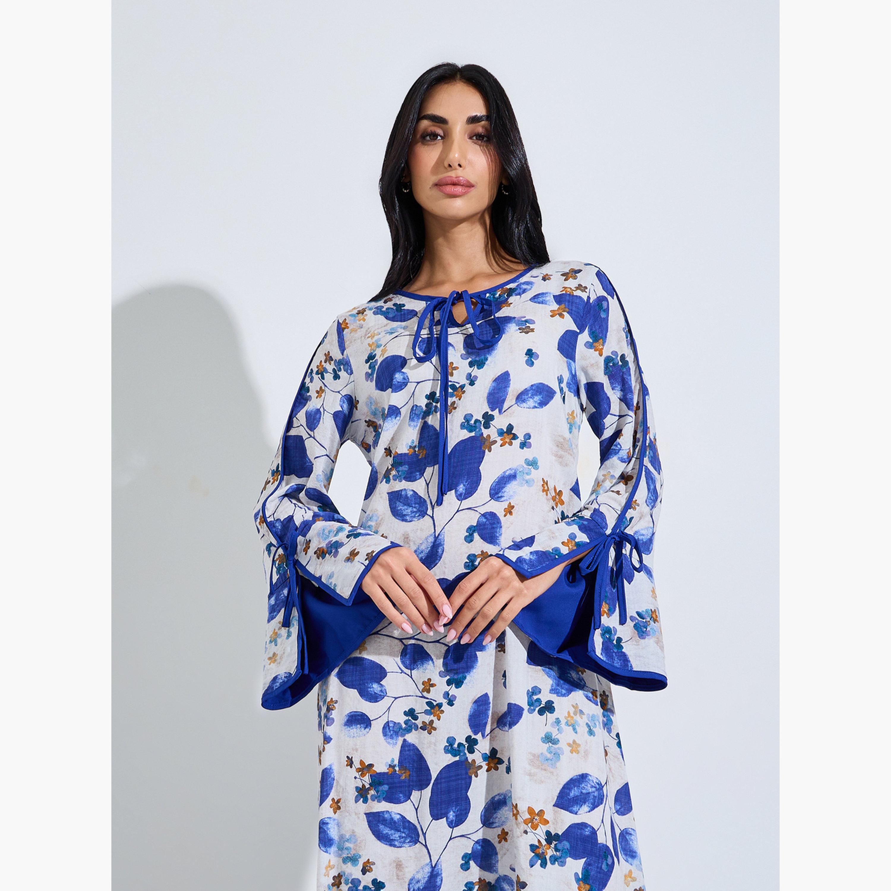 Styli Blue Leaf Print Jalabiya with Tie-Up Neck-women-arabicclothing-jalabiyas-image-2
