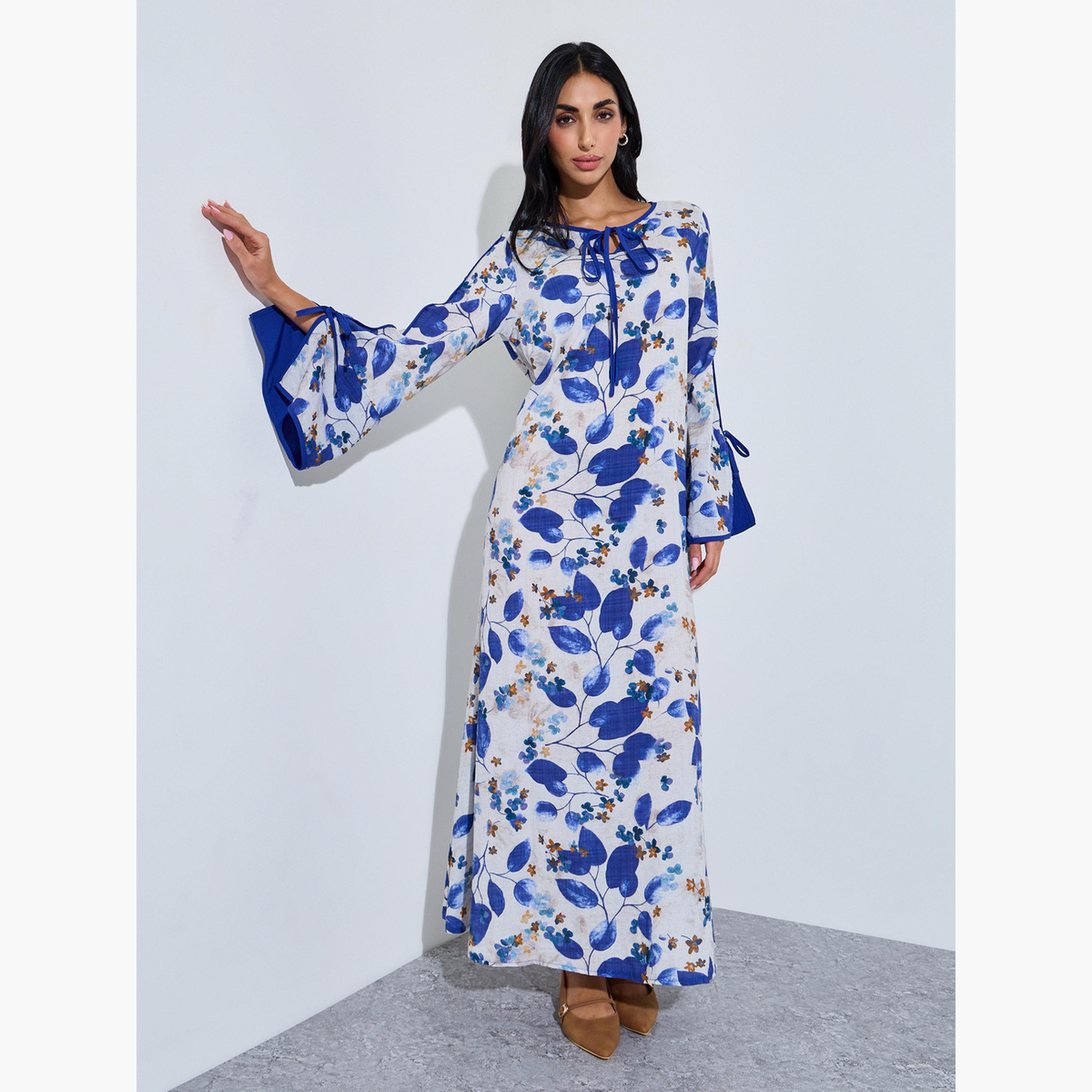 Styli Blue Leaf Print Jalabiya with Tie-Up Neck-women-arabicclothing-jalabiyas-image-3