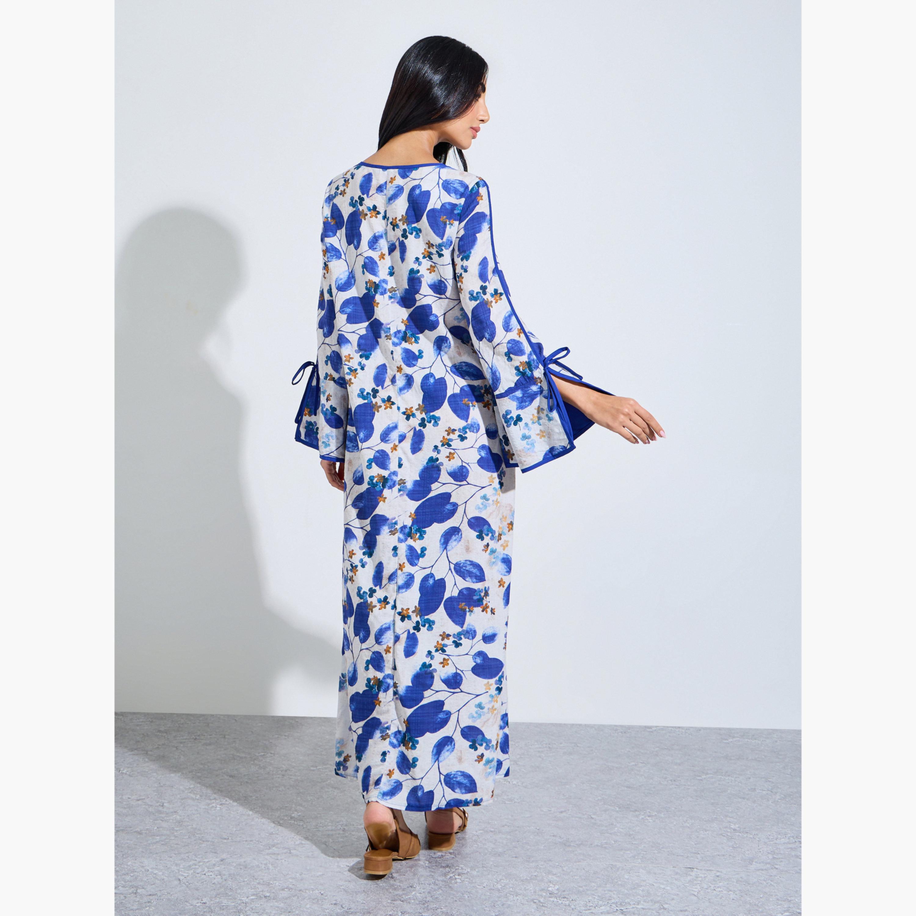 Styli Blue Leaf Print Jalabiya with Tie-Up Neck-women-arabicclothing-jalabiyas-image-4