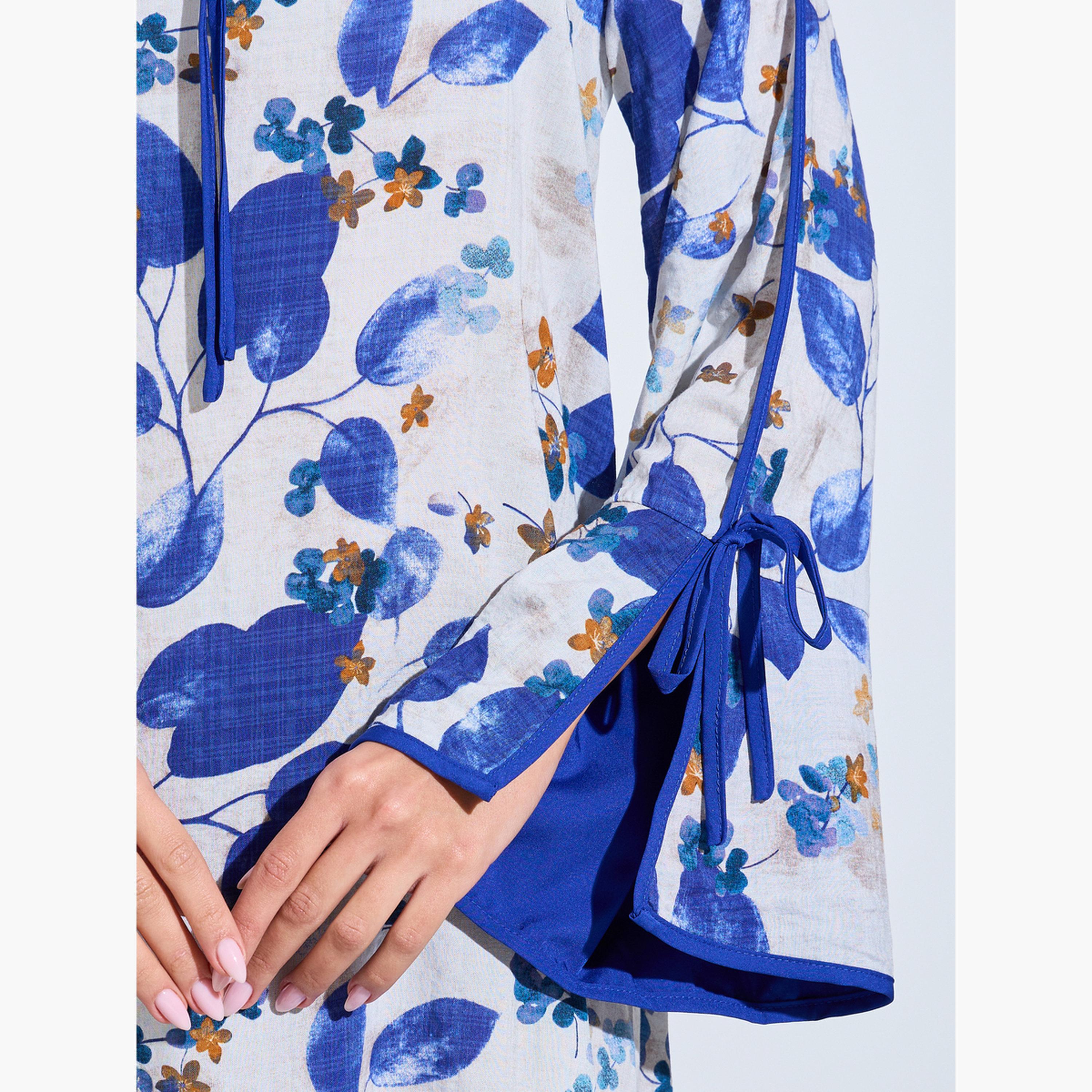 Styli Blue Leaf Print Jalabiya with Tie-Up Neck-women-arabicclothing-jalabiyas-image-5