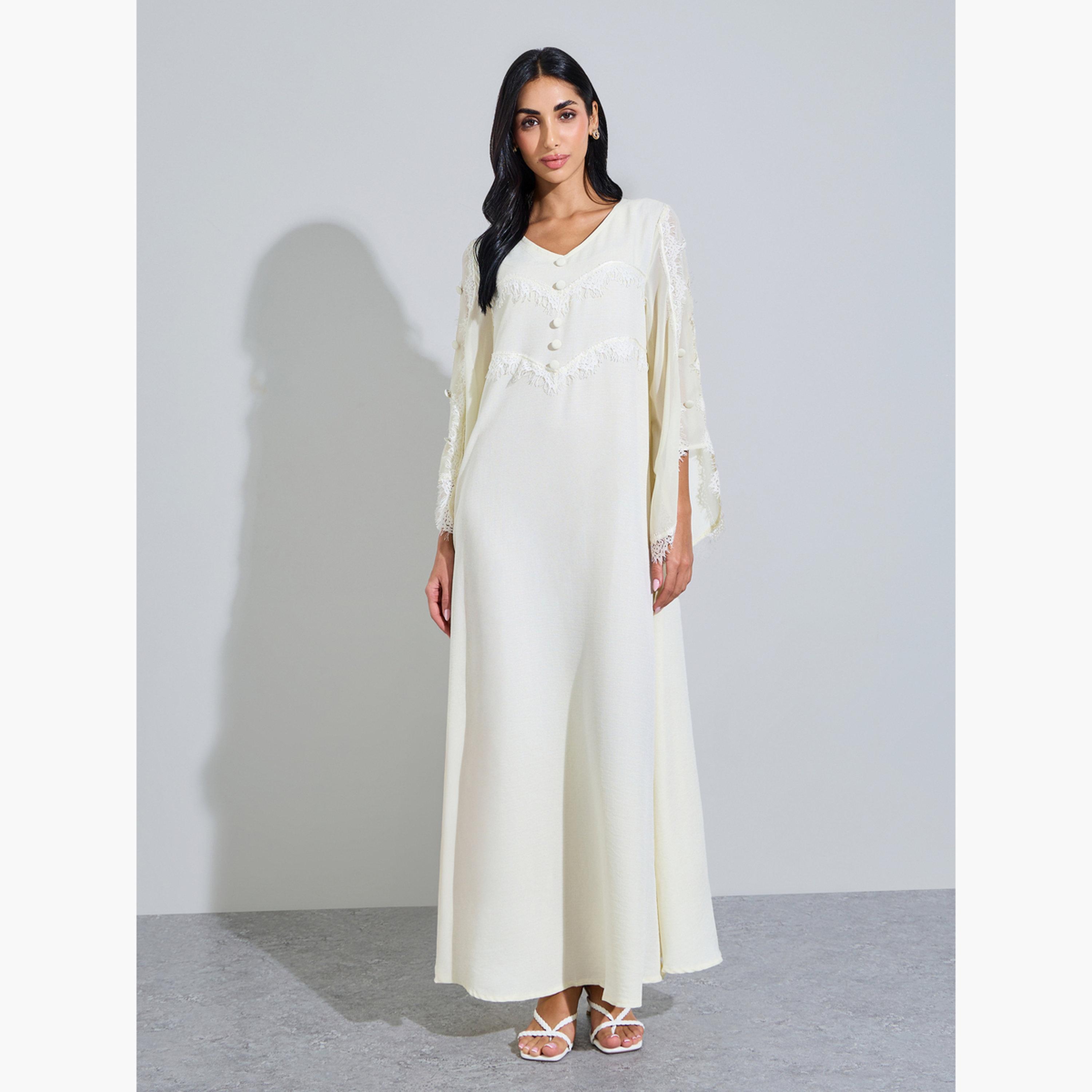 Styli Off White Lace Trim V Neck Jalabiya-women-arabicclothing-jalabiyas-image-1