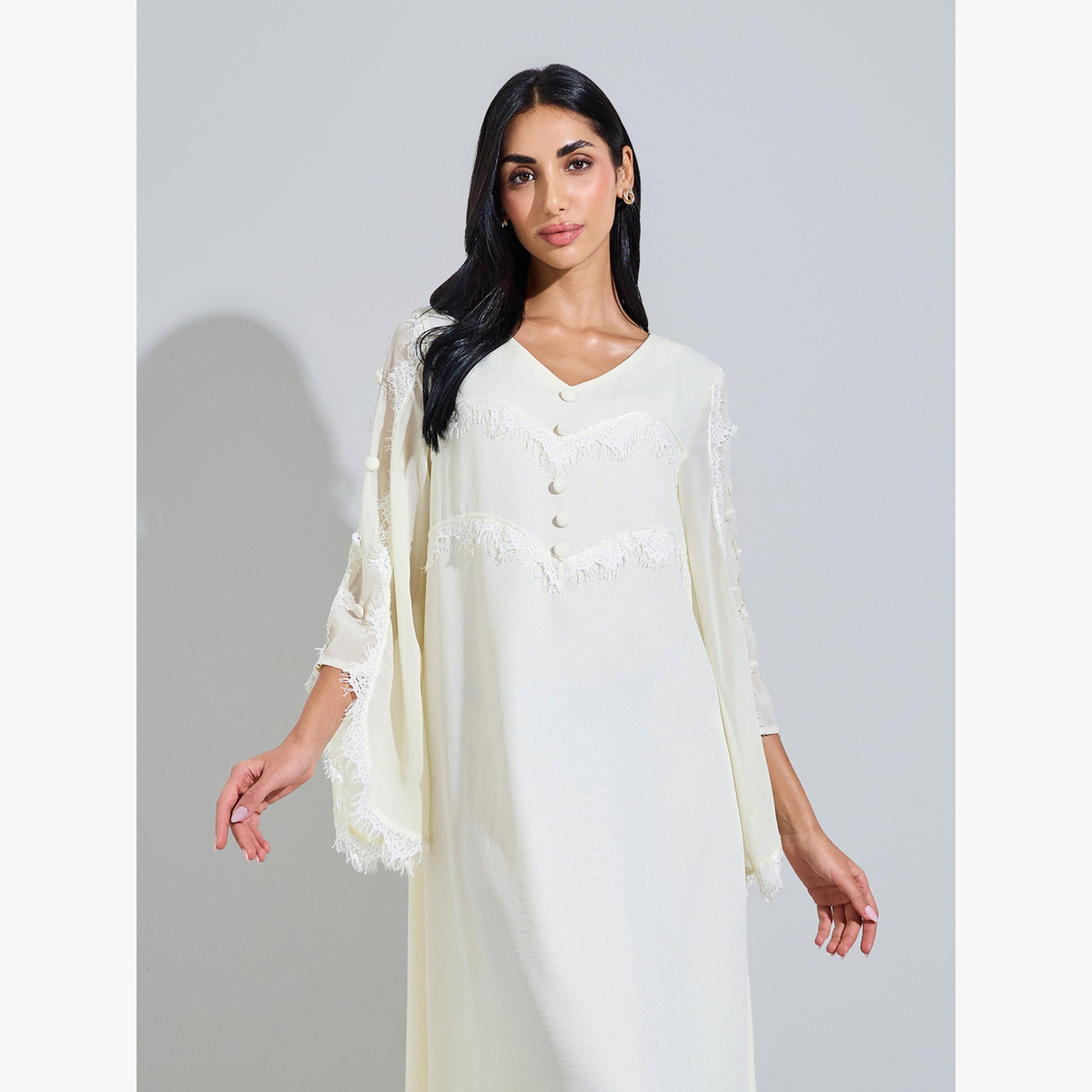 Styli Off White Lace Trim V Neck Jalabiya-women-arabicclothing-jalabiyas-image-2