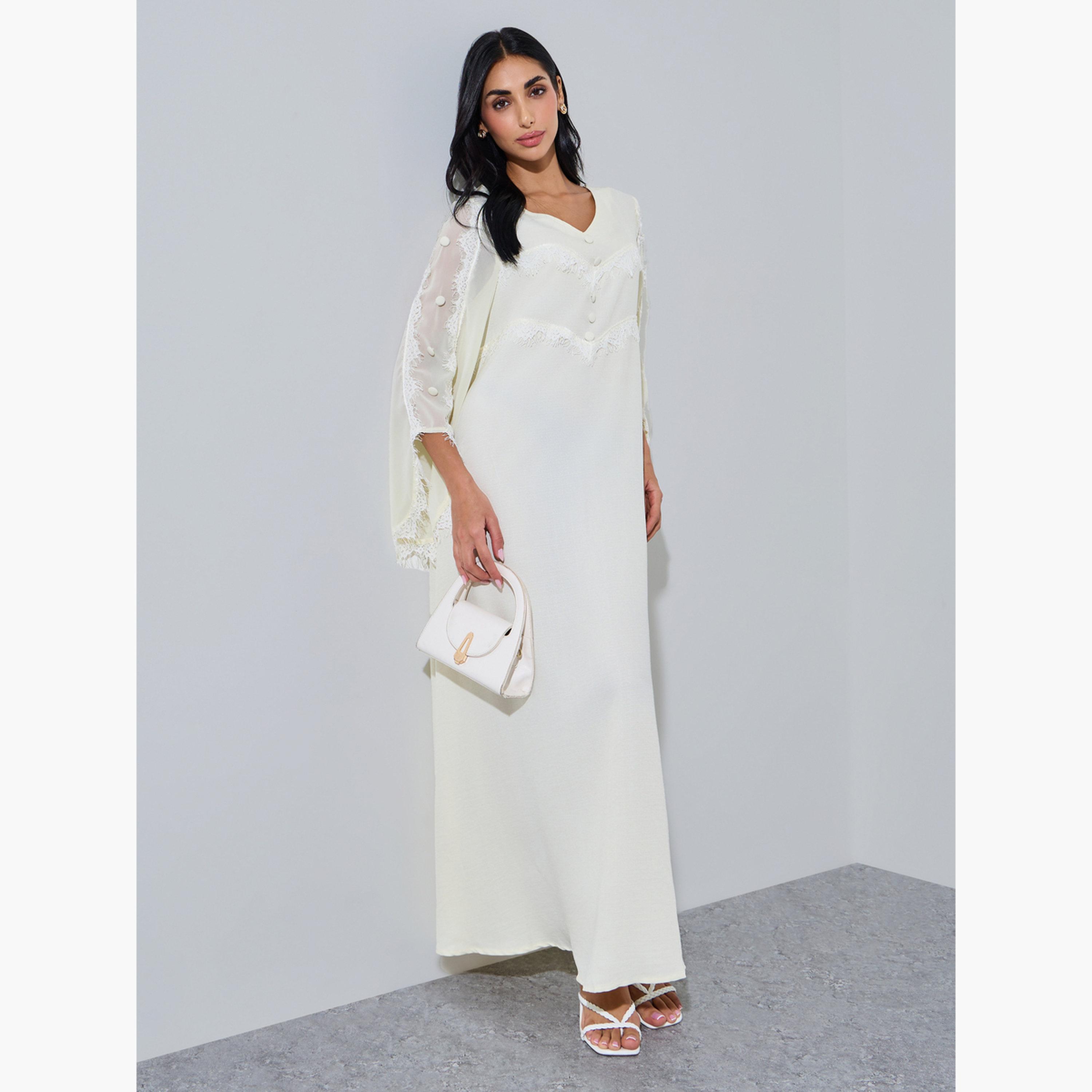 Styli Off White Lace Trim V Neck Jalabiya-women-arabicclothing-jalabiyas-image-3
