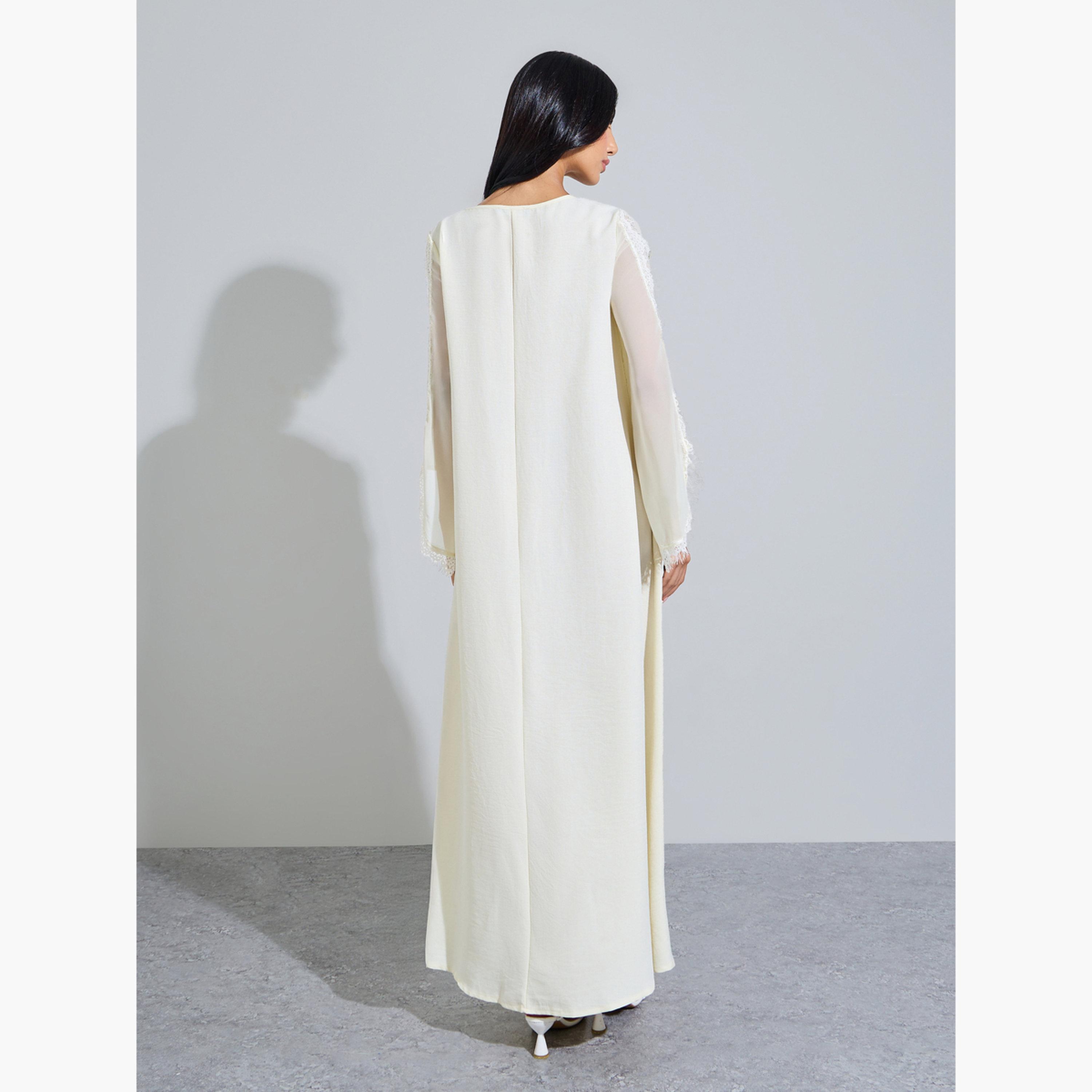 Styli Off White Lace Trim V Neck Jalabiya-women-arabicclothing-jalabiyas-image-4