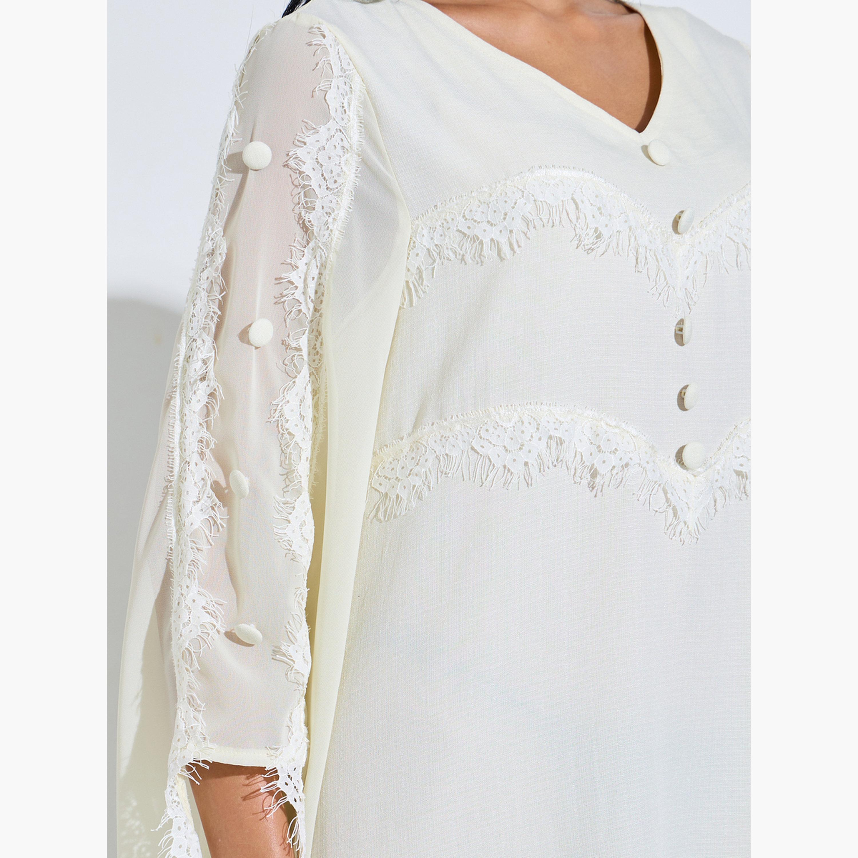 Styli Off White Lace Trim V Neck Jalabiya-women-arabicclothing-jalabiyas-image-5
