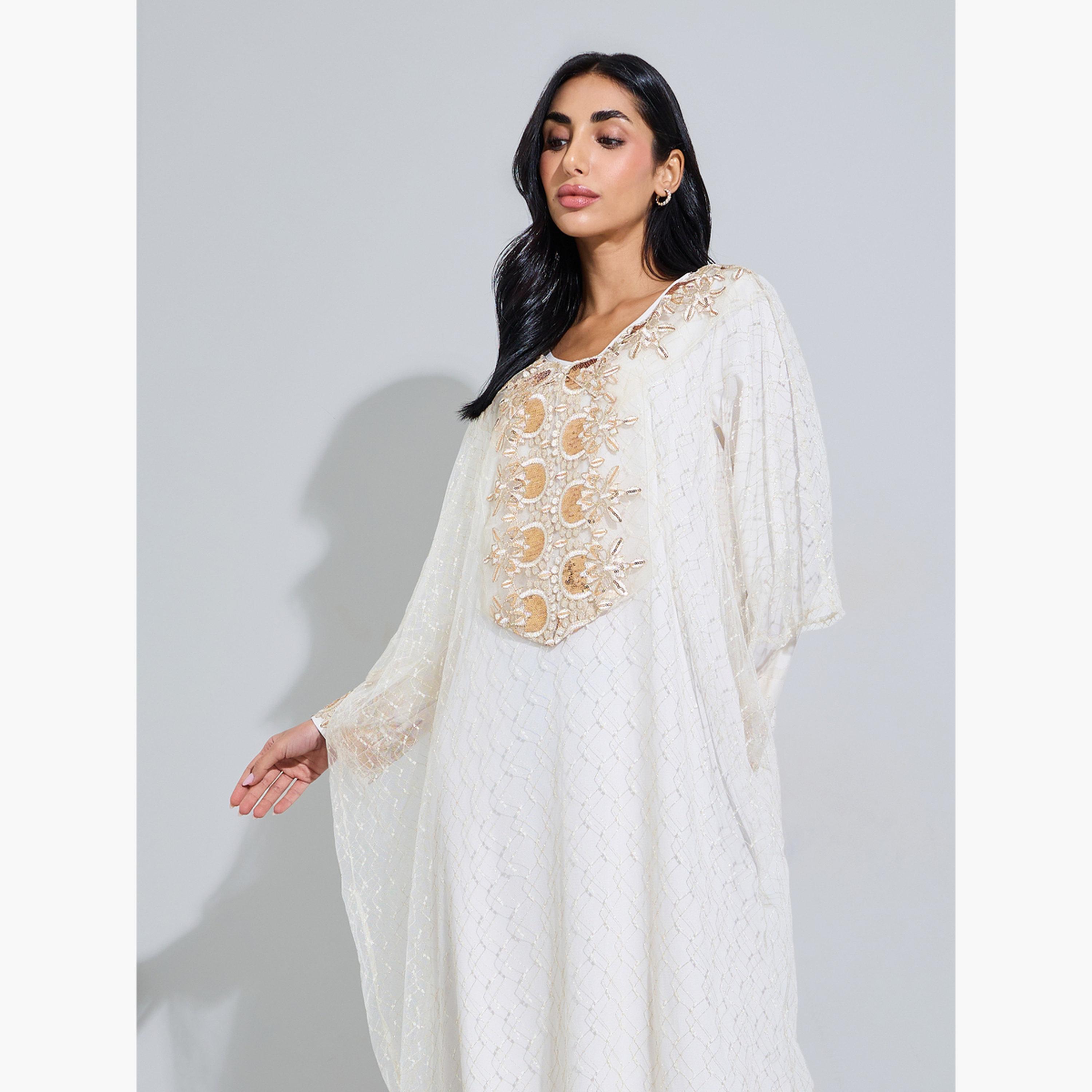 ستايلي - جلابية كريمية اللون مزينة بترتر شبكي-women-arabicclothing-jalabiyas-image-2