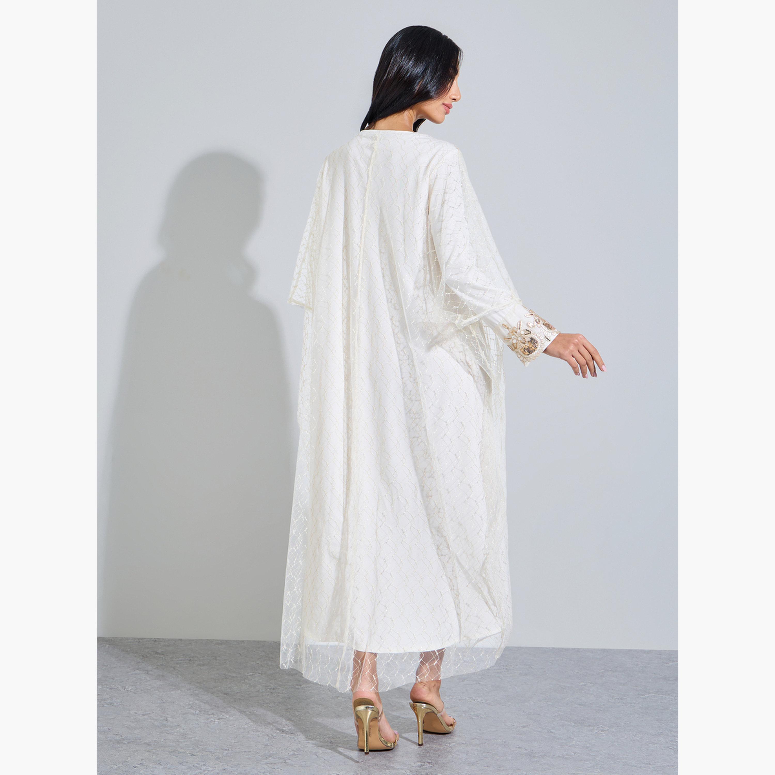 ستايلي - جلابية كريمية اللون مزينة بترتر شبكي-women-arabicclothing-jalabiyas-image-3