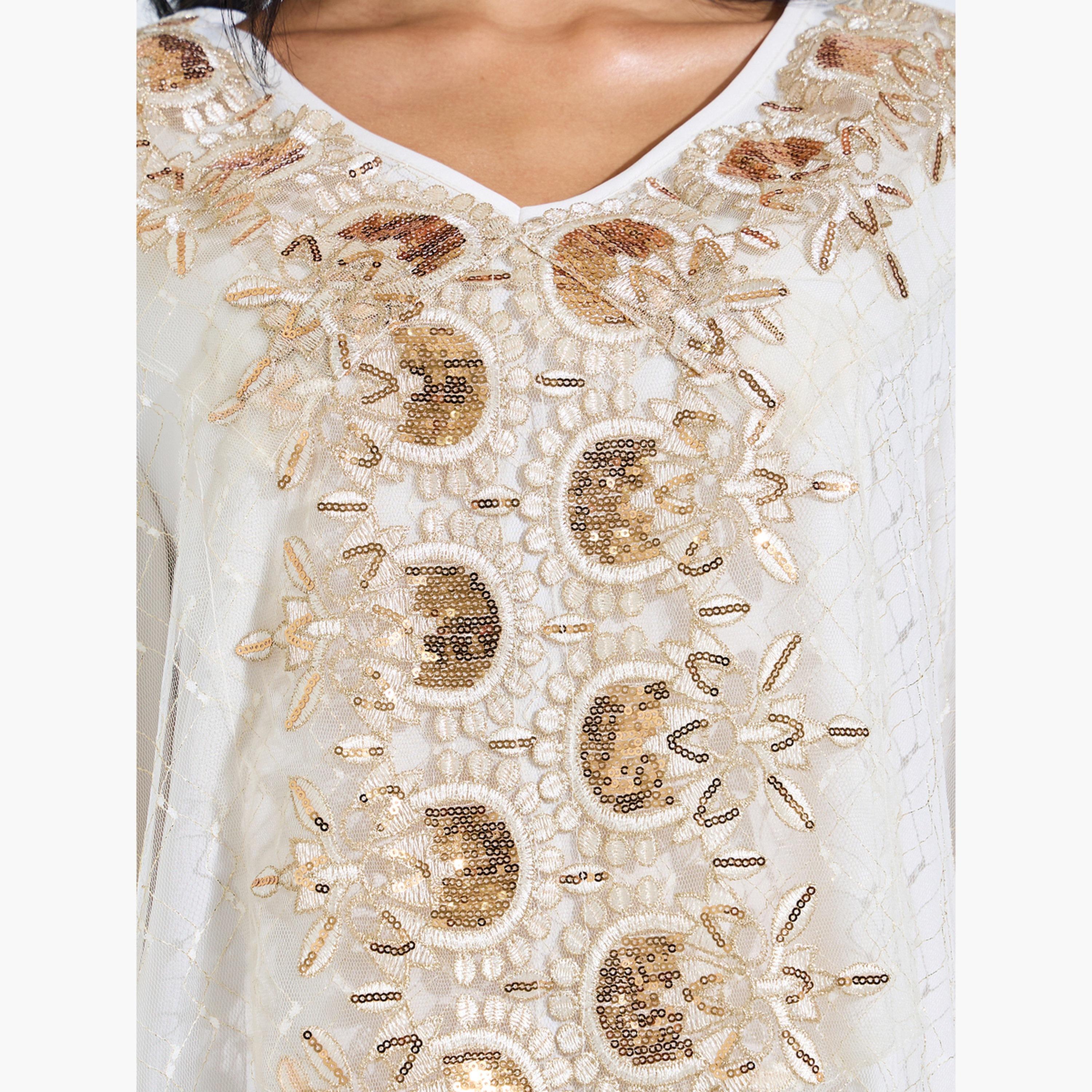ستايلي - جلابية كريمية اللون مزينة بترتر شبكي-women-arabicclothing-jalabiyas-image-4
