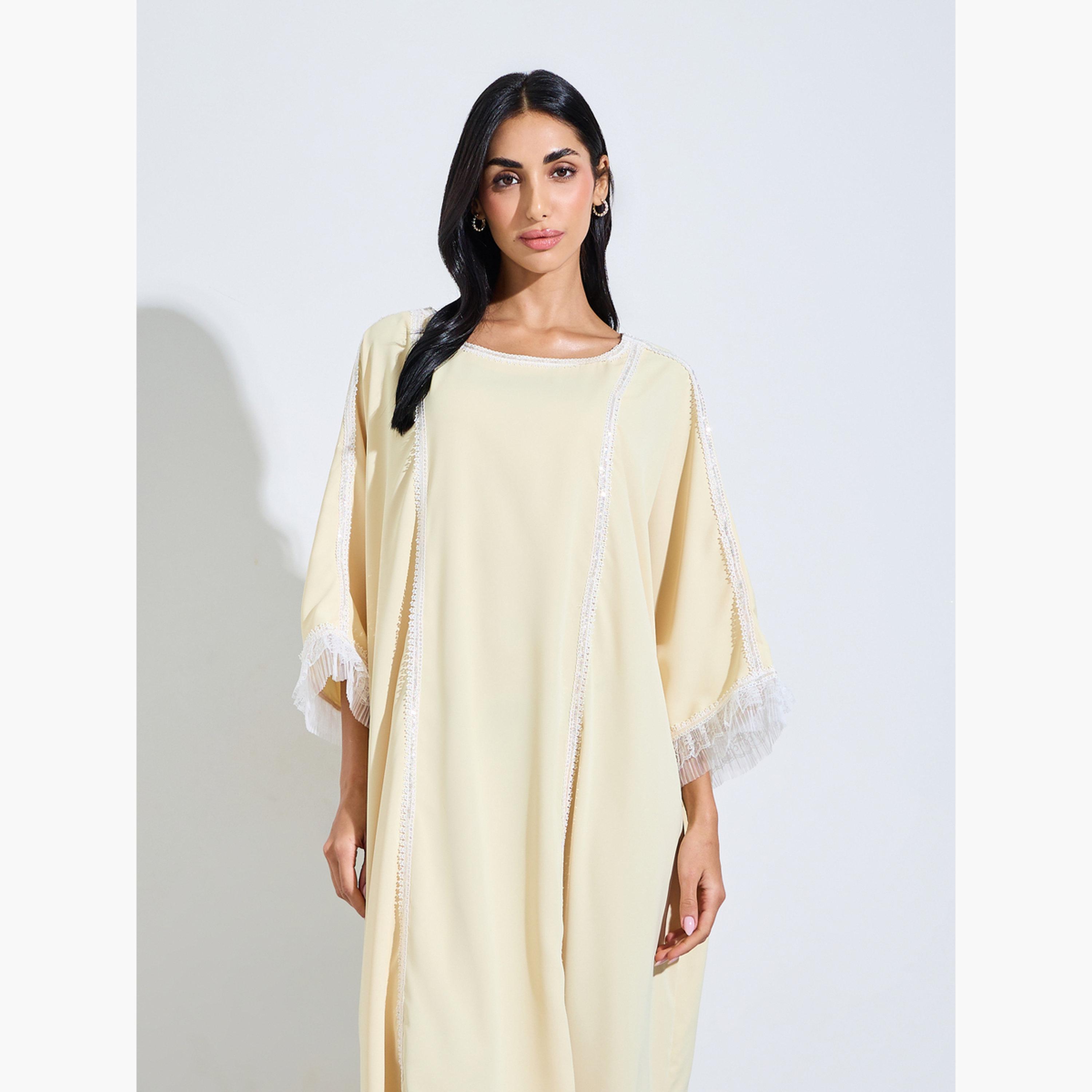ستايلي - قفطان أصفر بأكمام طويلة مزين بالدانتيل-women-arabicclothing-kaftan-image-2