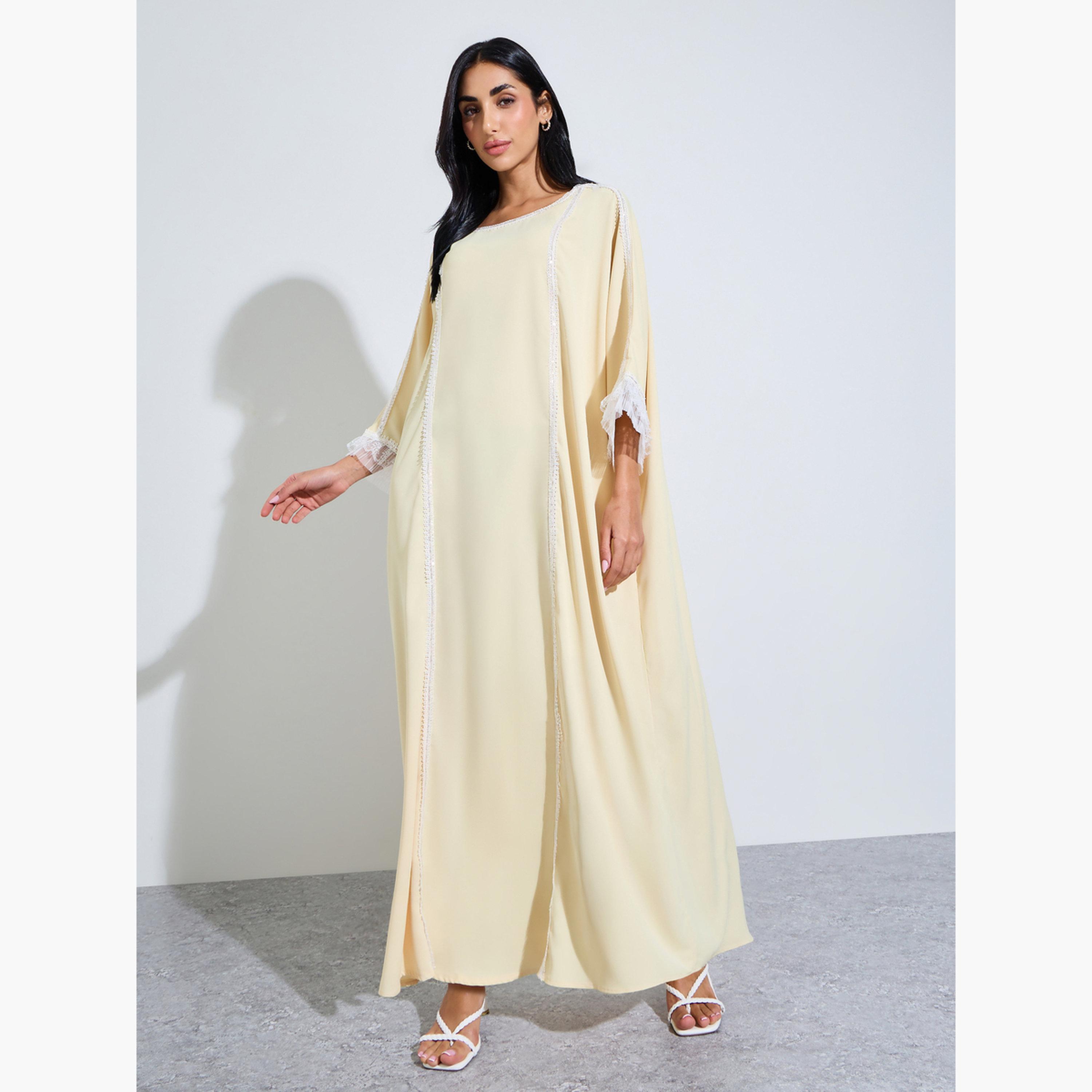 ستايلي - قفطان أصفر بأكمام طويلة مزين بالدانتيل-women-arabicclothing-kaftan-image-3
