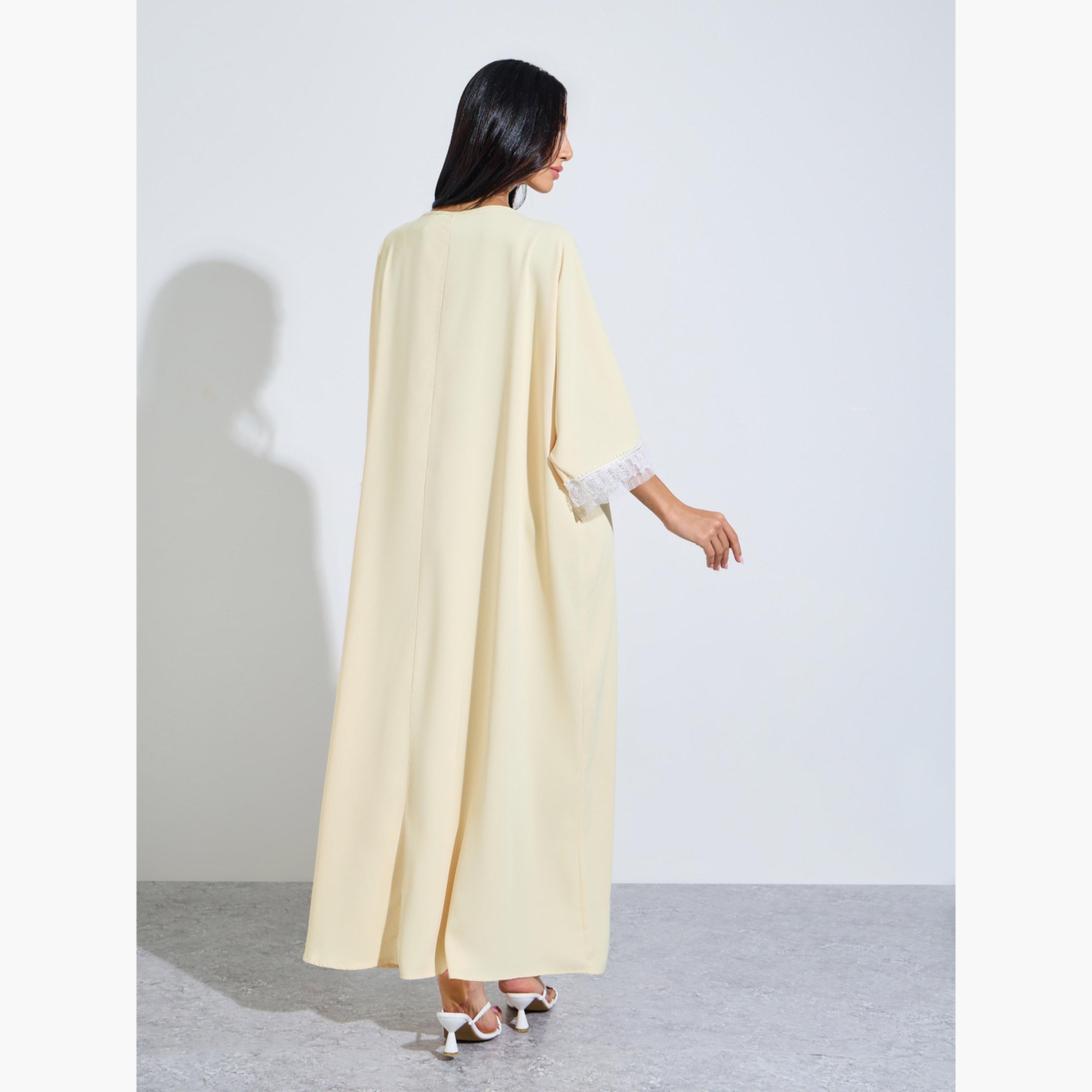 ستايلي - قفطان أصفر بأكمام طويلة مزين بالدانتيل-women-arabicclothing-kaftan-image-4