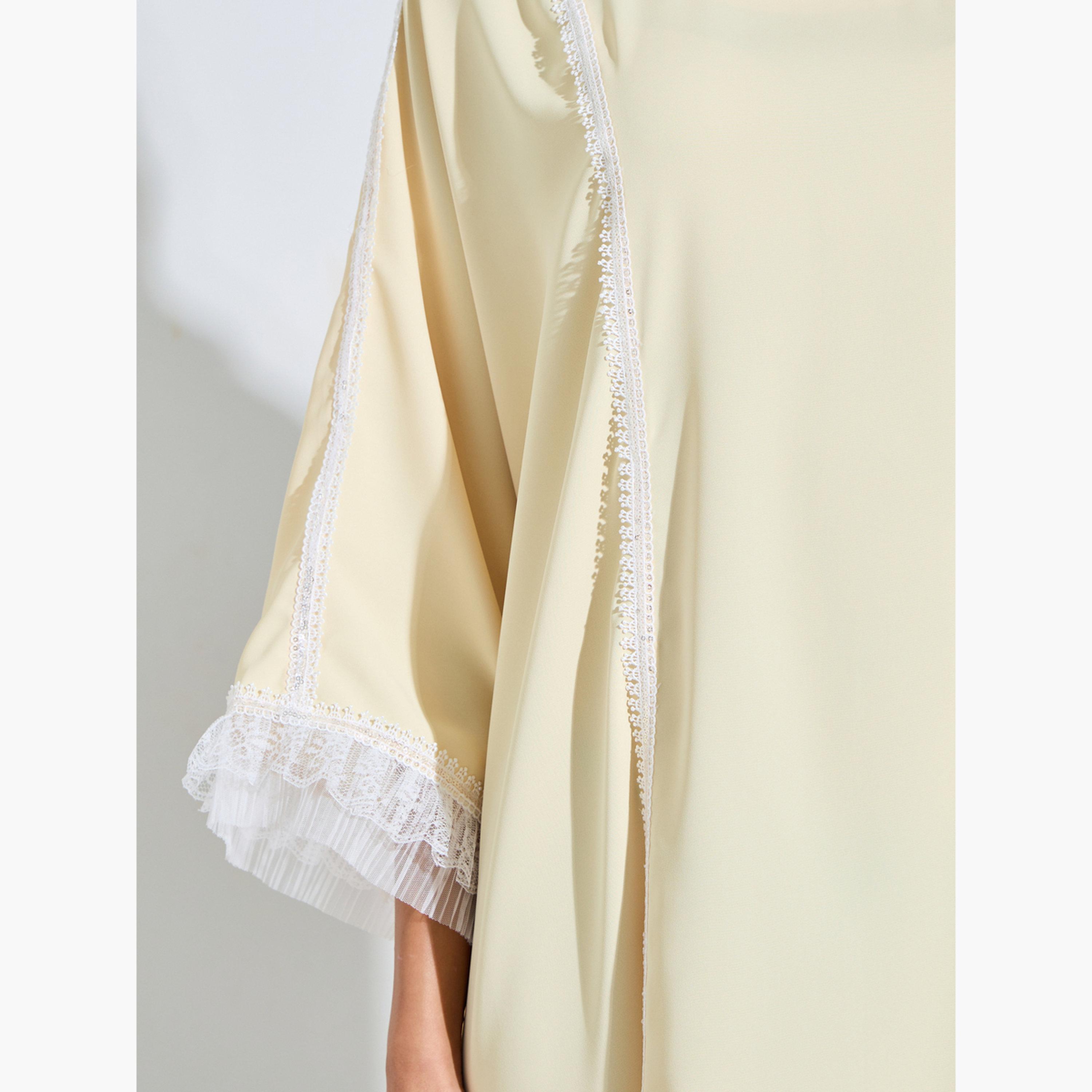 ستايلي - قفطان أصفر بأكمام طويلة مزين بالدانتيل-women-arabicclothing-kaftan-image-5