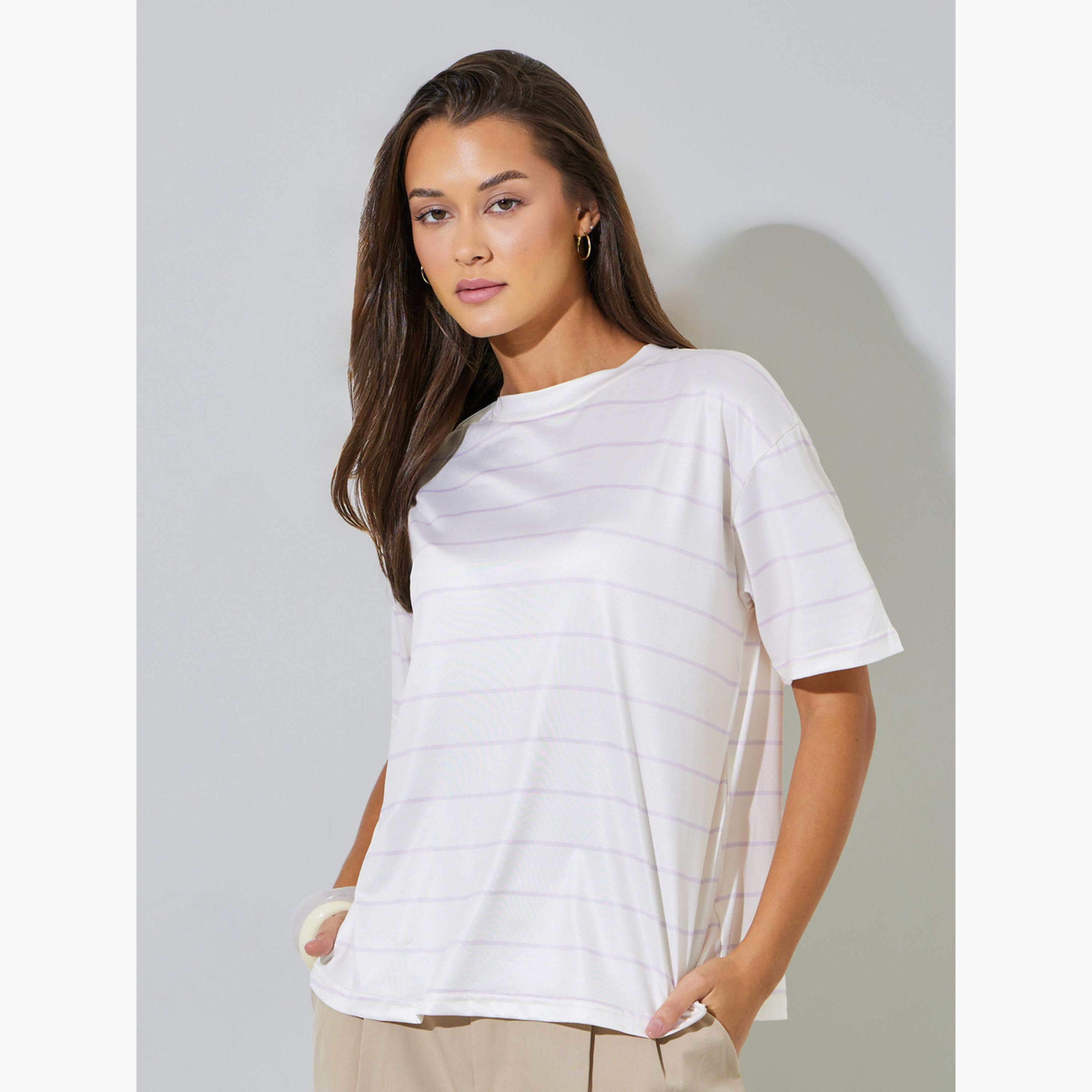 تيشيرت بنمط مخطط وقصة عادية-women-clothing-tshirts-image-1