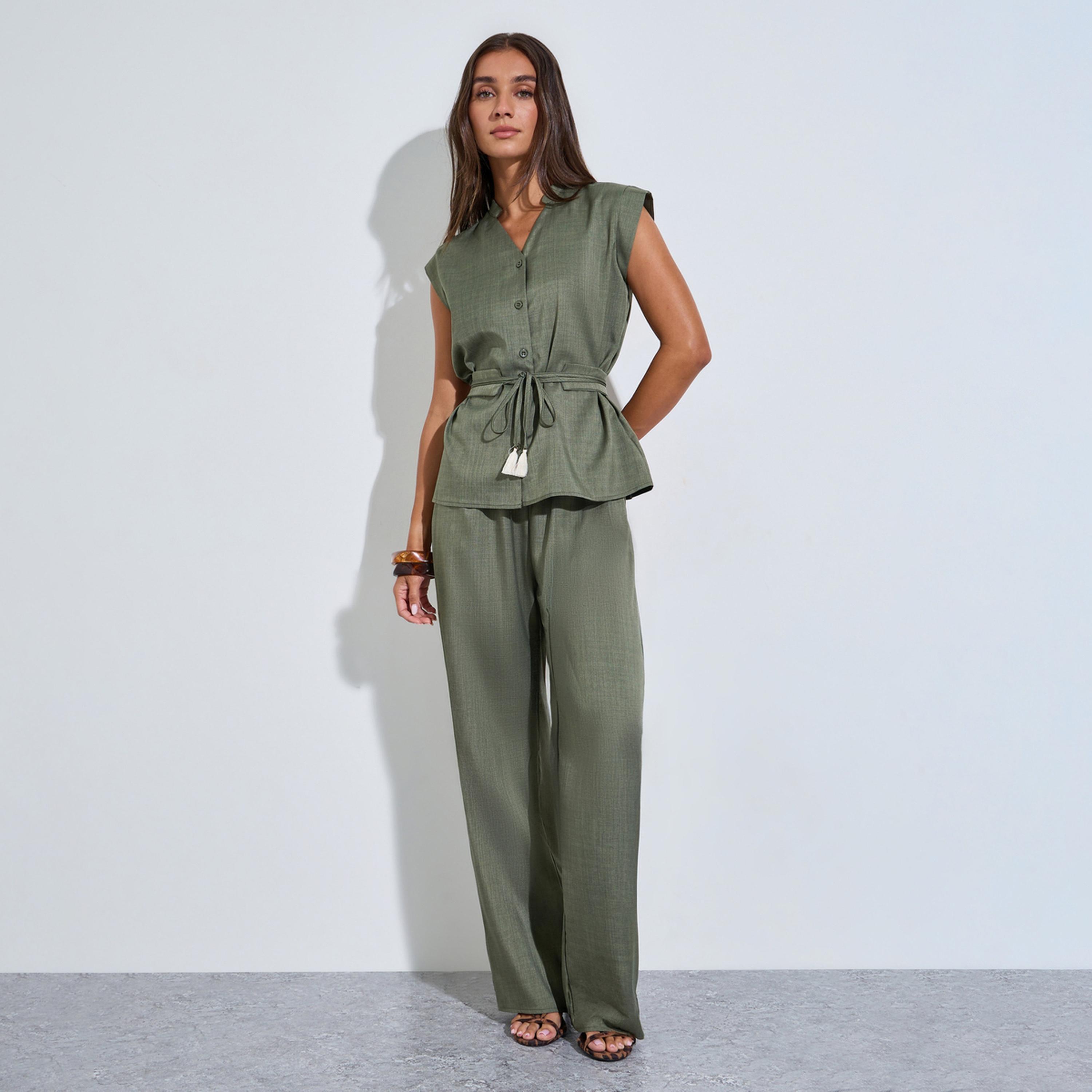 Styli Green V Neck Solid Top with Belt and Wide Leg Pants Co-Ords-women-clothing-coordsets-image-1