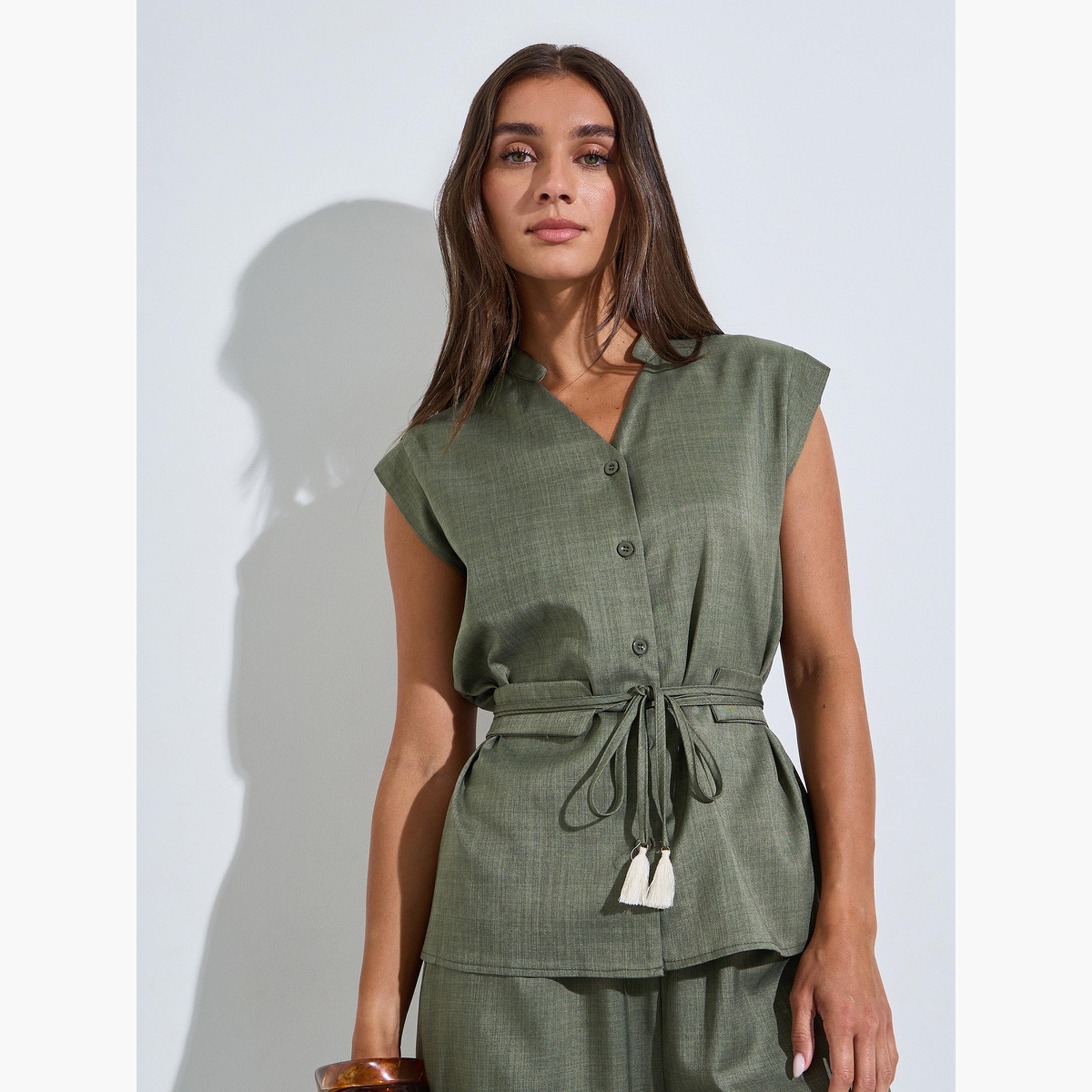 Styli Green V Neck Solid Top with Belt and Wide Leg Pants Co-Ords-women-clothing-coordsets-image-2