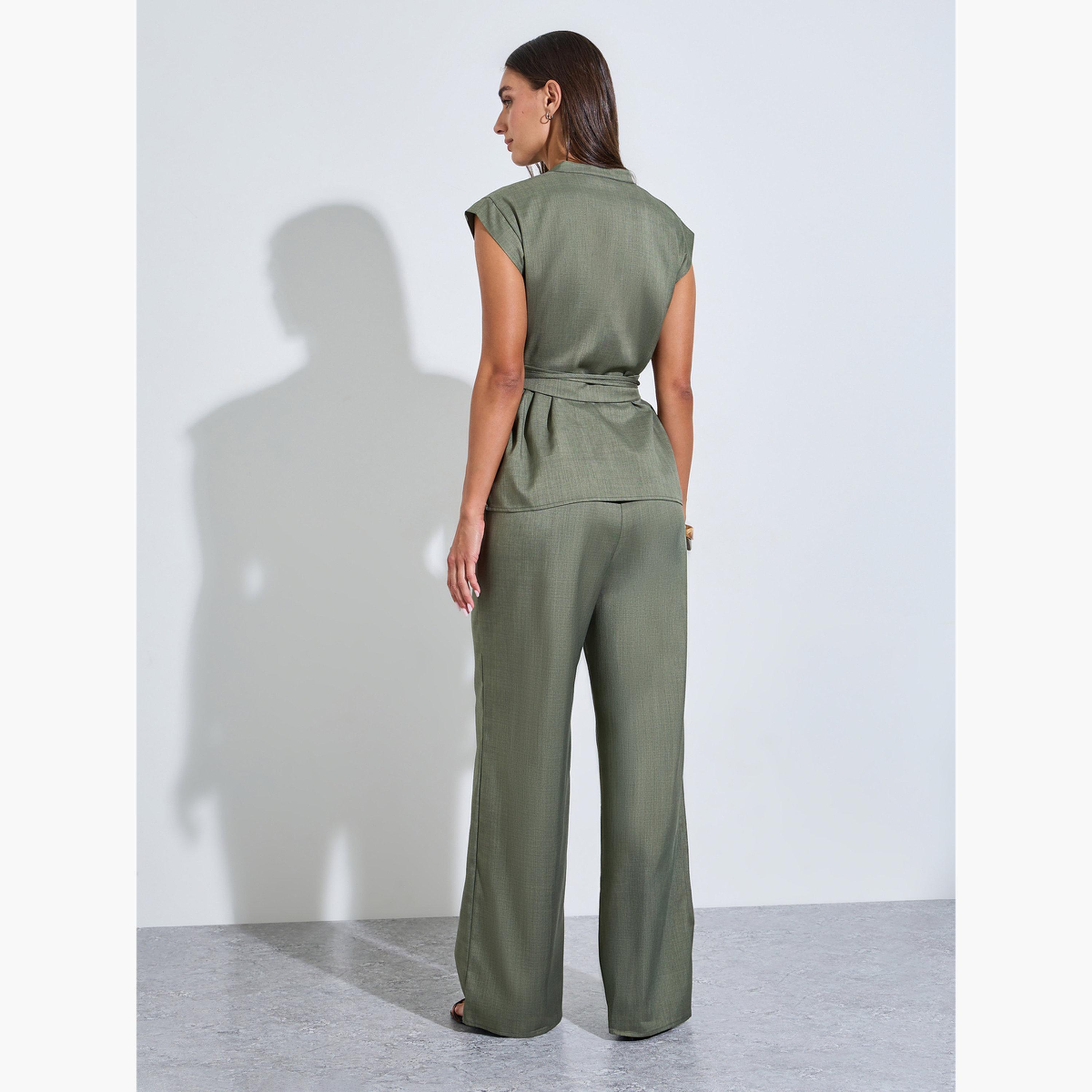 Styli Green V Neck Solid Top with Belt and Wide Leg Pants Co-Ords-women-clothing-coordsets-image-3