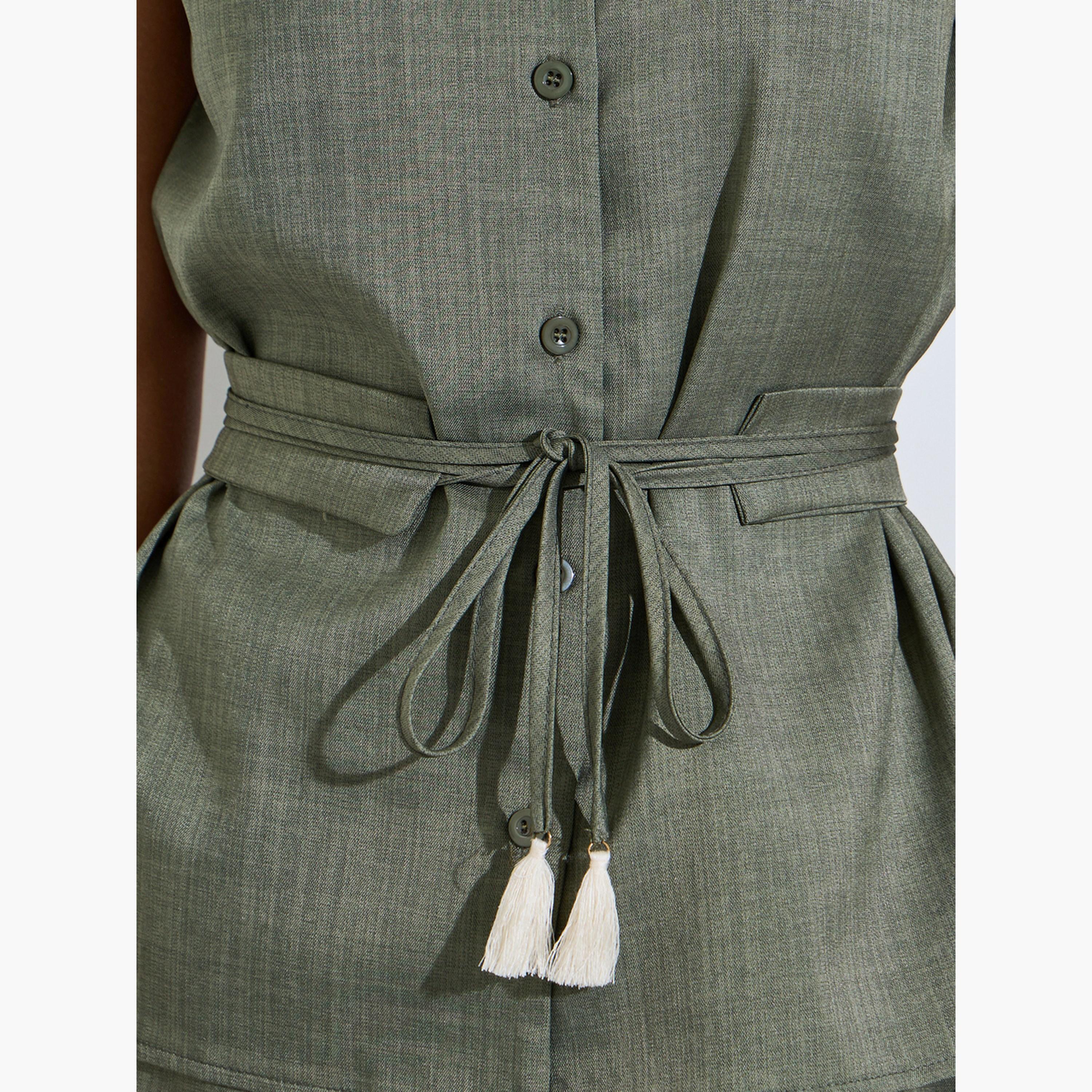 Styli Green V Neck Solid Top with Belt and Wide Leg Pants Co-Ords-women-clothing-coordsets-image-5