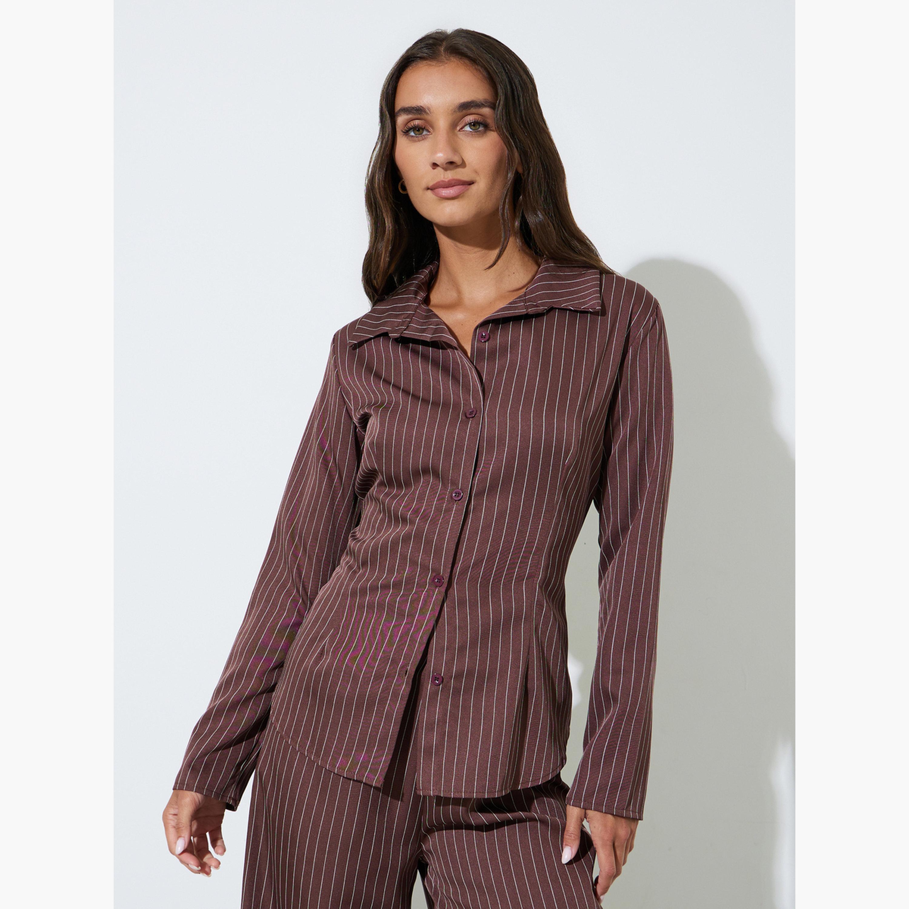 طقم منسق من بنطال بأرجل واسعة وقميص بأكمام طويلة بنمط مخطط لون بني-women-clothing-coordsets-image-2