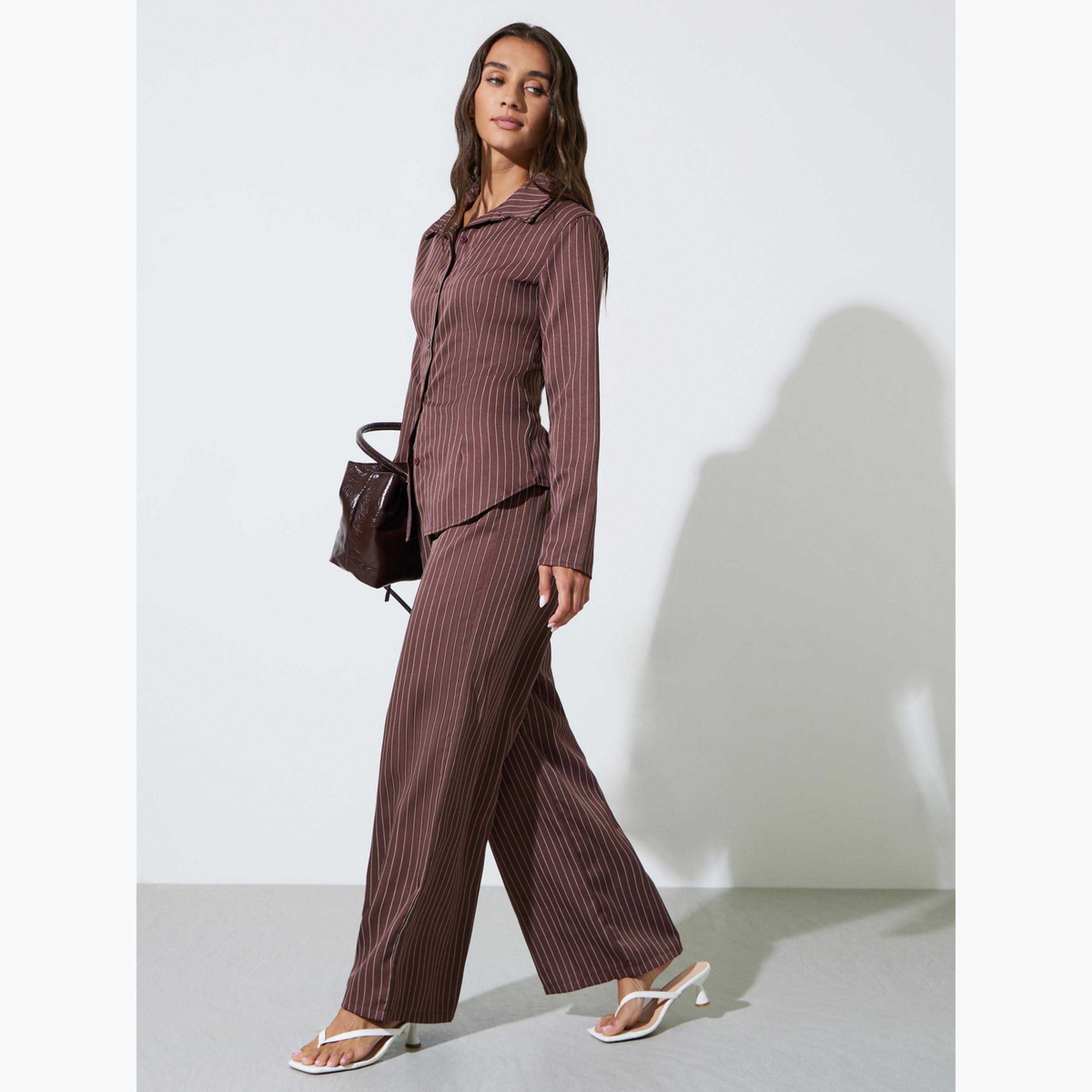 طقم منسق من بنطال بأرجل واسعة وقميص بأكمام طويلة بنمط مخطط لون بني-women-clothing-coordsets-image-3