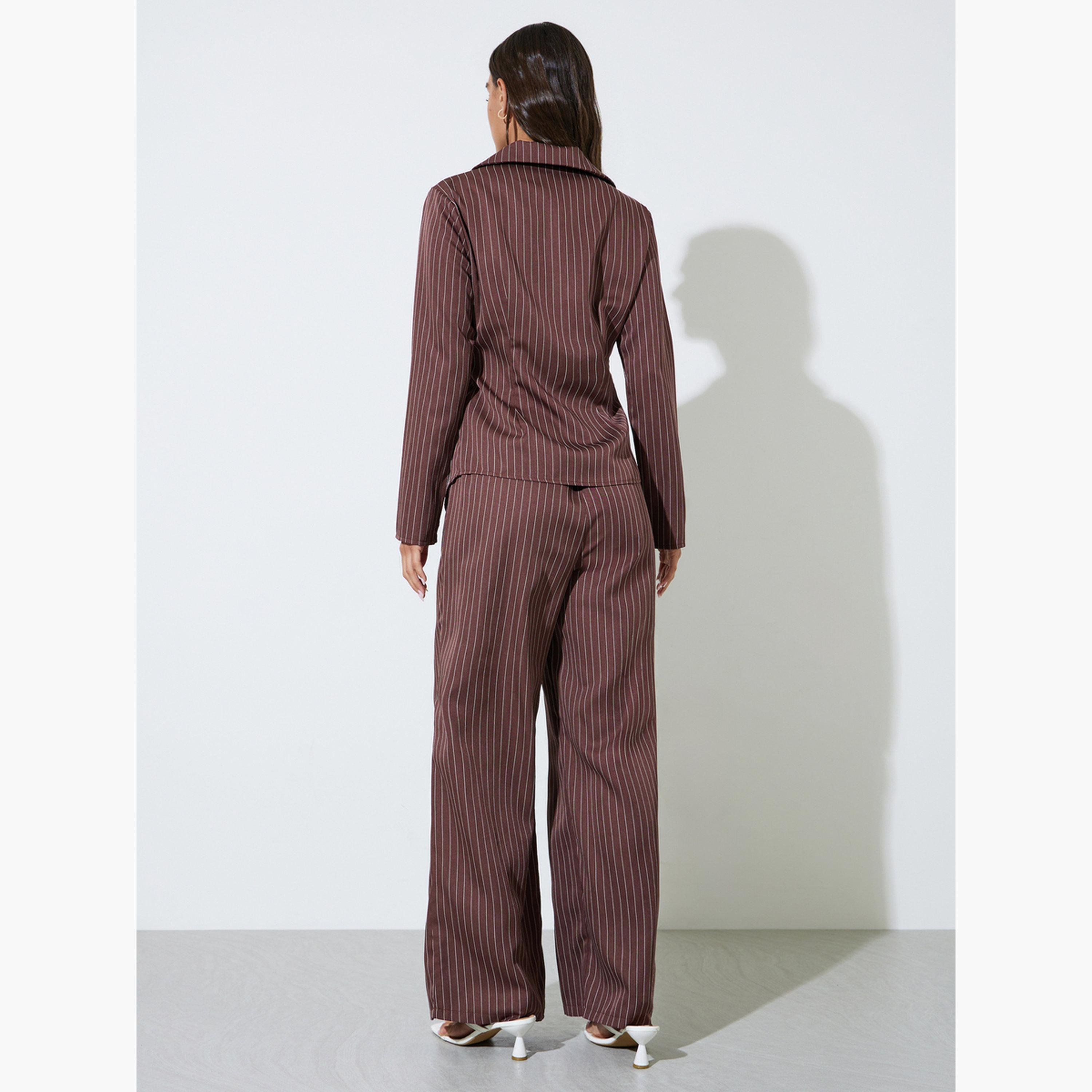 طقم منسق من بنطال بأرجل واسعة وقميص بأكمام طويلة بنمط مخطط لون بني-women-clothing-coordsets-image-4